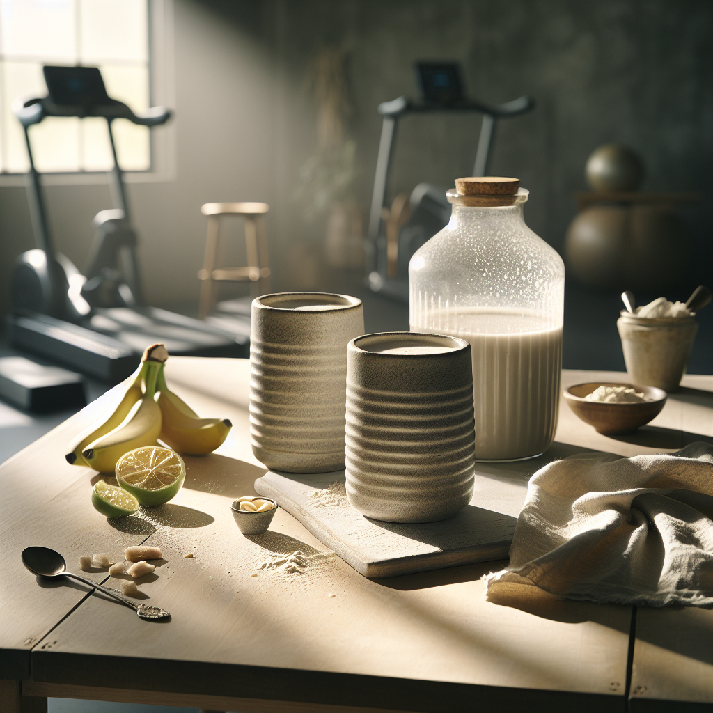 Gemütliche Szene im Fitnessstudio mit veganen Proteinshakes auf einem Holztisch, Sonnenlicht und minimalistischer Ausstattung.
