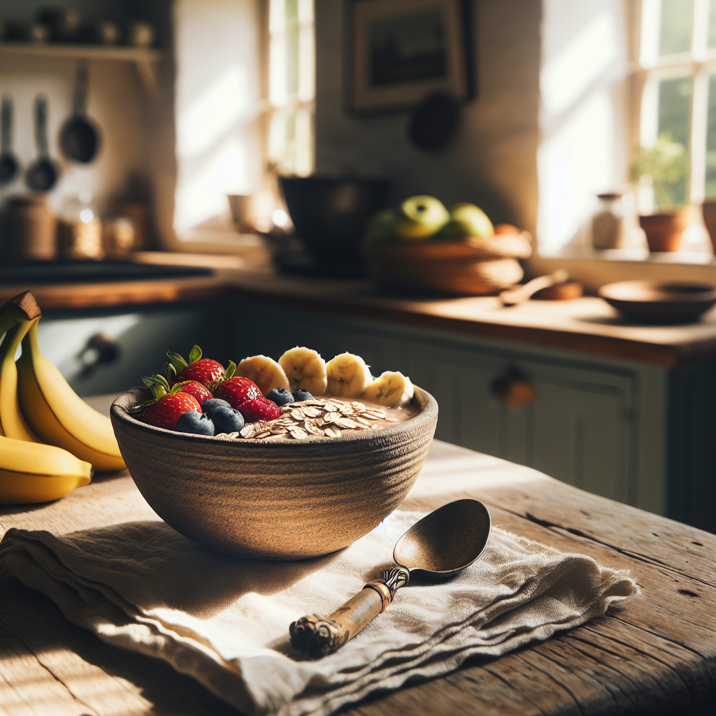 Vegane Proteinshake-Bowl mit frischem Obst und Haferflocken in einem hellen Setting