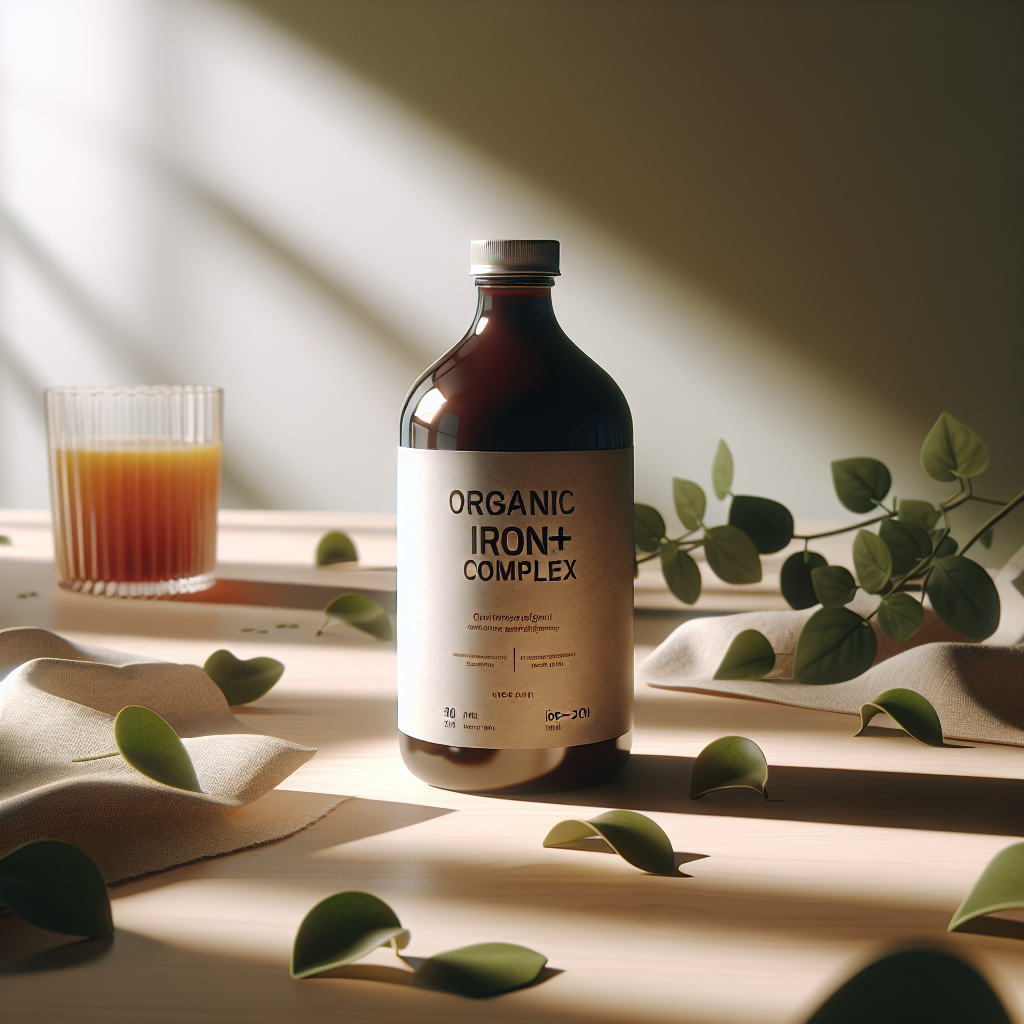 Nahaufnahme einer Vegardians Organisches Eisen+ Komplex-Flasche auf einem rustikalen Holztisch mit verstreuten grünen Blättern im warmen Abendlicht, die natürliche Energie symbolisieren, passend zum Thema 'Kann Eisenmangel zu Gewichtszunahme führen?'.