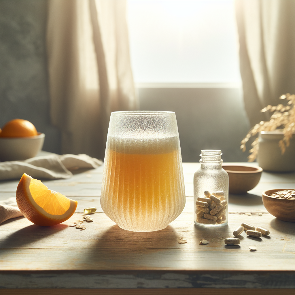 Harmonisches Bild mit einem Glas frisch gepresstem Orangensaft und einer rustikalen Eisenergänzungsflasche auf einem hellen Holztisch, symbolisiert die Synergie von Eisen und Vitamin D.