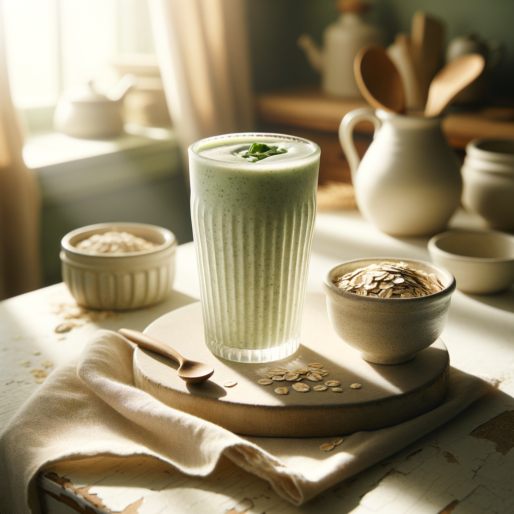 Ein Glas veganer Proteinshake auf einem hellen, rustikalen Holztisch, daneben einige Haferflocken und eine beige Leinenserviette, in einem sonnigen, naturbelichteten Küchenumfeld.