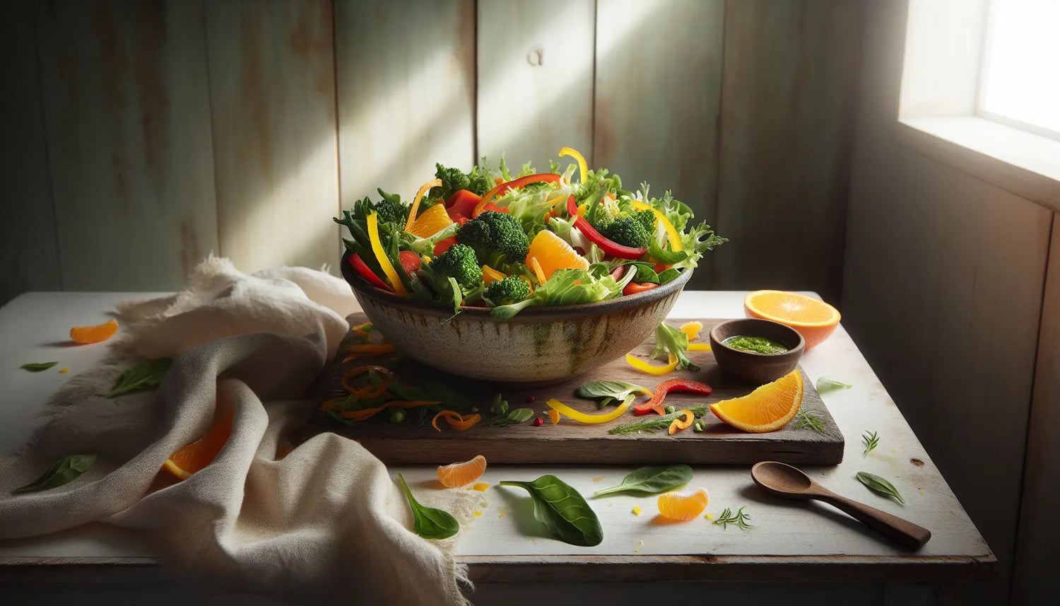 knackig frischer salat mit paprika brokkoli und orangenscheiben auf hellem holztisch mit keramikschale und leinentuch immunstaerkung