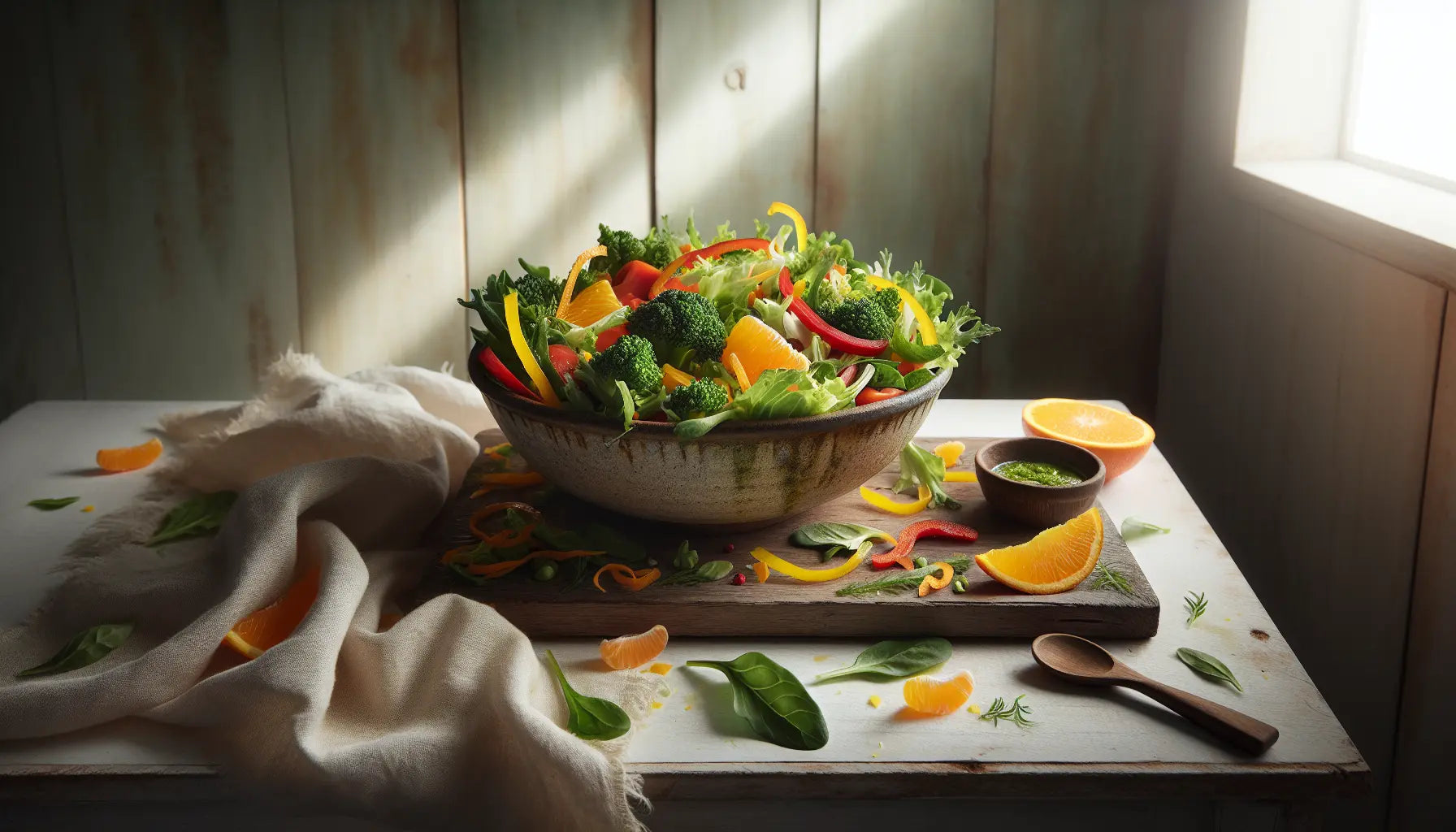 knackig frischer salat mit paprika brokkoli und orangenscheiben auf hellem holztisch mit keramikschale und leinentuch immunstaerkung