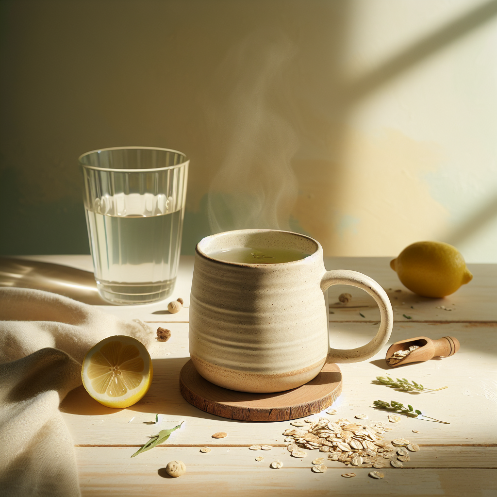 Handgefertigte Keramiktasse mit Kräutertee auf hellem Birkenholztisch, umgeben von Haferflocken, Zitronenzeste und Blütenblättern in heller, freundlicher Küchenszene bei Tageslicht.