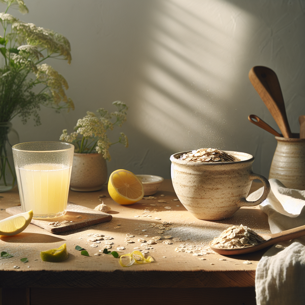 Handgemachte Keramiktasse mit Zitronenzesten und Haferflocken auf hellem Birkentisch bei natürlichem Morgenlicht, umgeben von Kräutern und einem halbleeren Saftglas – Symbol für Leberentgiftung und gesunde Ernährung.