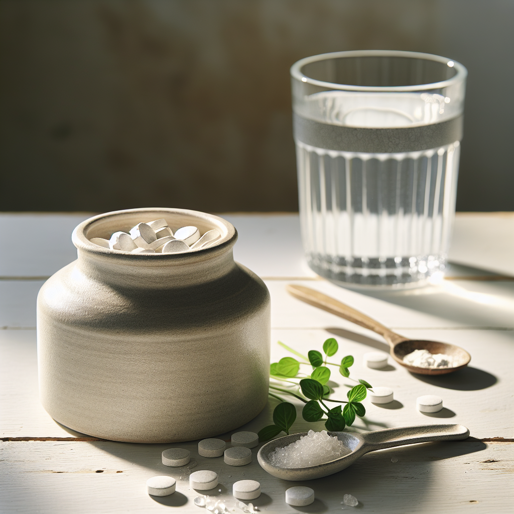 Magnesiumtabletten in einer geöffneten Steinzeugdose auf hellem Holztisch mit verstreuten Magnesiumkristallen und frischen Kräutern, in sanftem Tageslicht bei ruhiger, freundlicher Stimmung.
