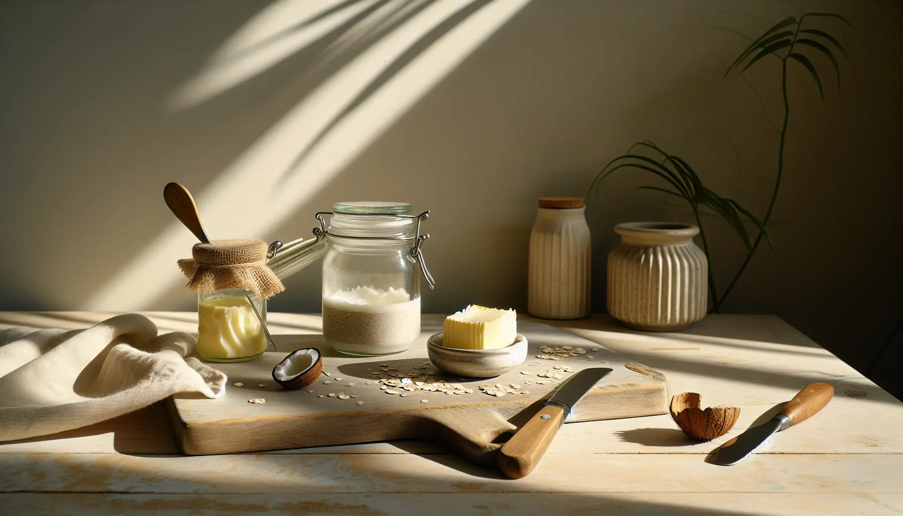 kuche mit milchfreien butterersatz auf rustikalem holztisch mit kokosol veganer butter und holzbesteck gesunde nachhaltige kuche