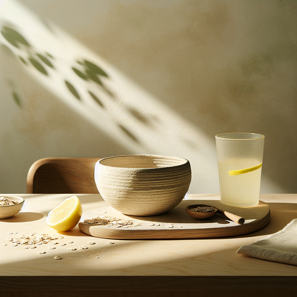 Helle, minimalistische Frühstücksszene mit Keramiktasse und Glas Zitronensaft auf heller Birkenholz-Oberfläche, umgeben von Haferflocken und Zitronenzesten, vor einem sonnigen, unscharfen Hintergrund.