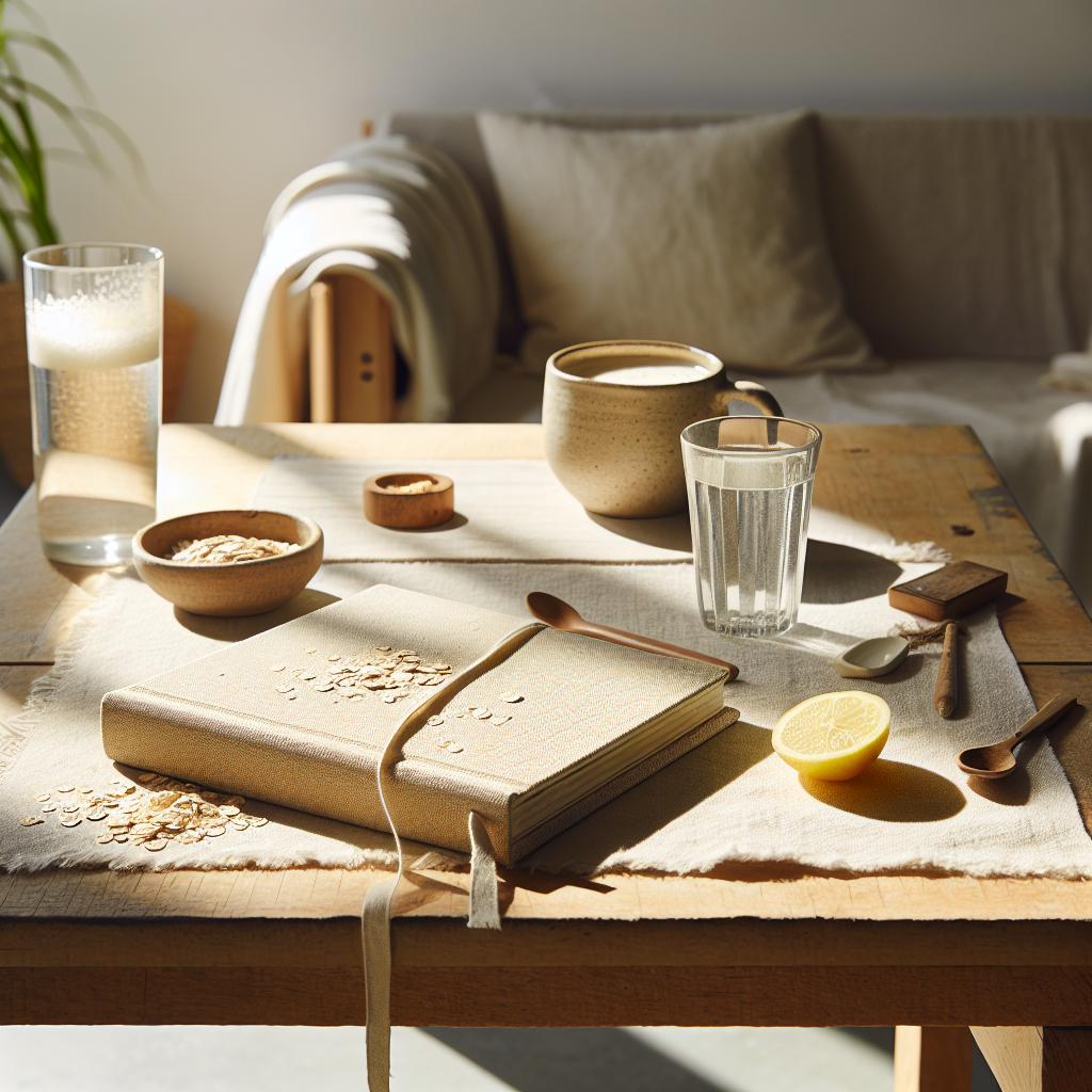 Minimalistischer Fitnessbereich mit Birkenholztisch, Keramiktasse, offenem Notizbuch und halbvollem Glas Wasser bei hellem Tageslicht, natürliche Details wie Zitronenzesten und Haferflocken auf der Oberfläche, ruhige sonnige Atmosphäre.