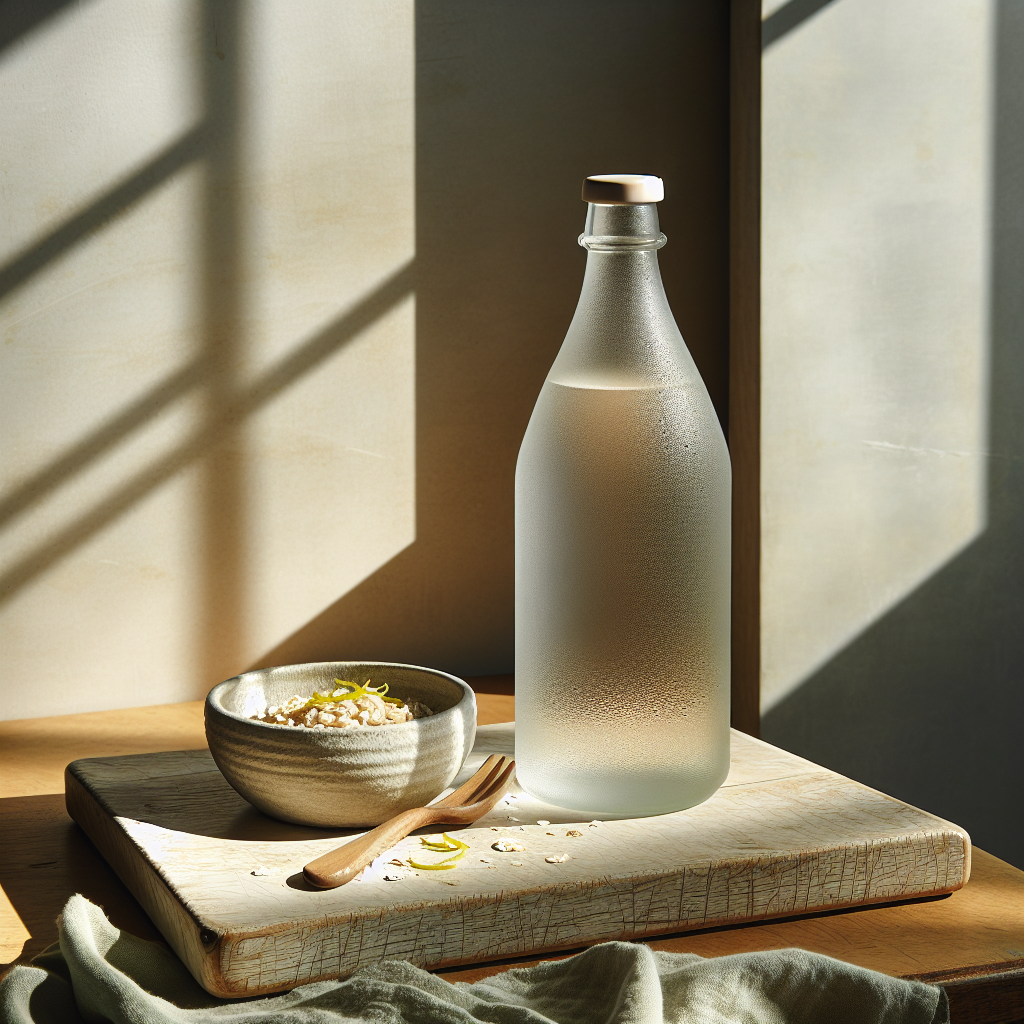 Nahaufnahme eines minimalistischen Gym-Interieurs mit hellem Holztablett, milchglasartiger Wasserflasche und Haferflocken in keramischer Schale bei sanftem Tageslicht.