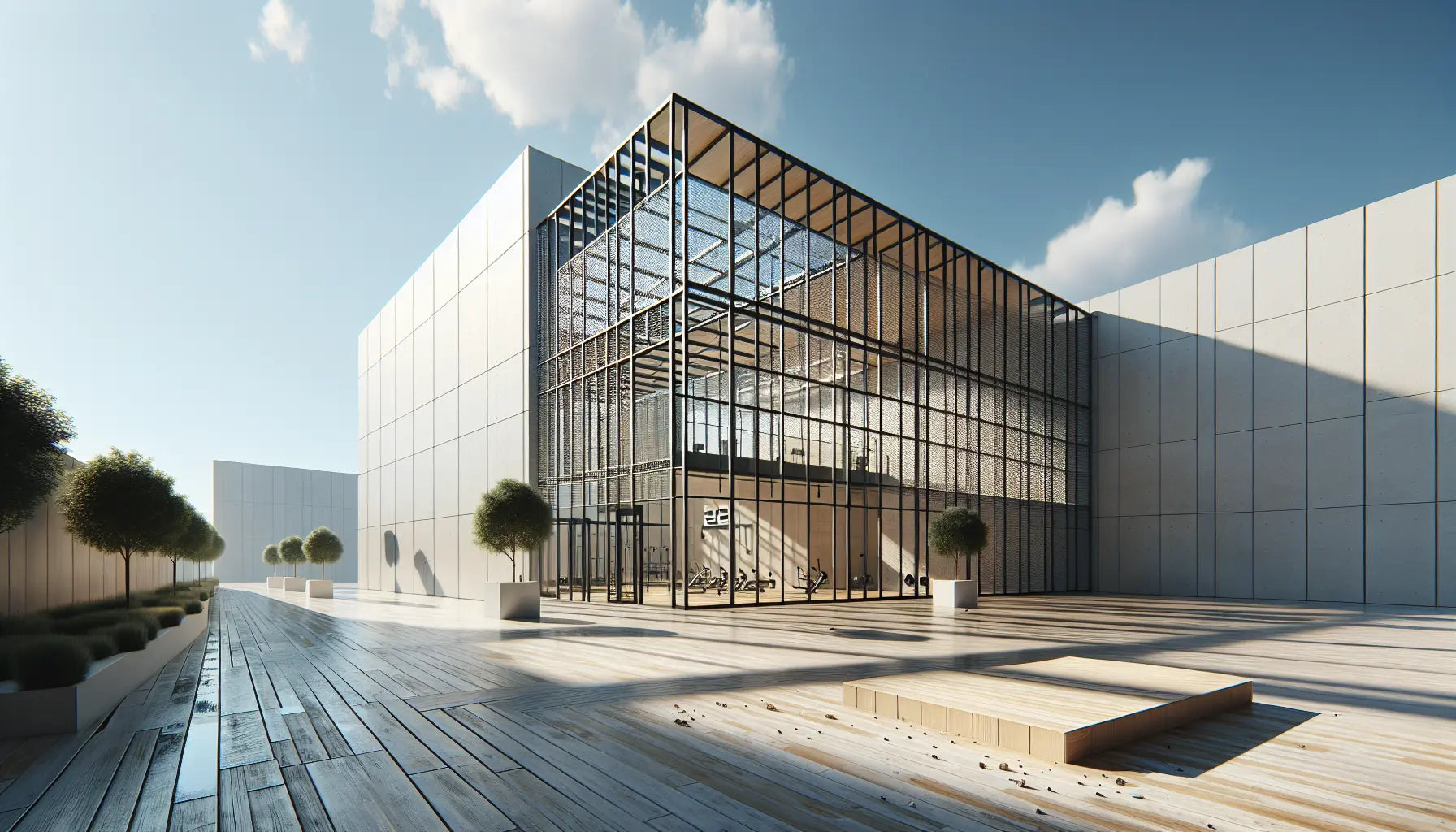 modernes fitnessstudio aussenansicht stadt bei klarem himmel fokus architektur glas und stahl ruhige atmosphaere