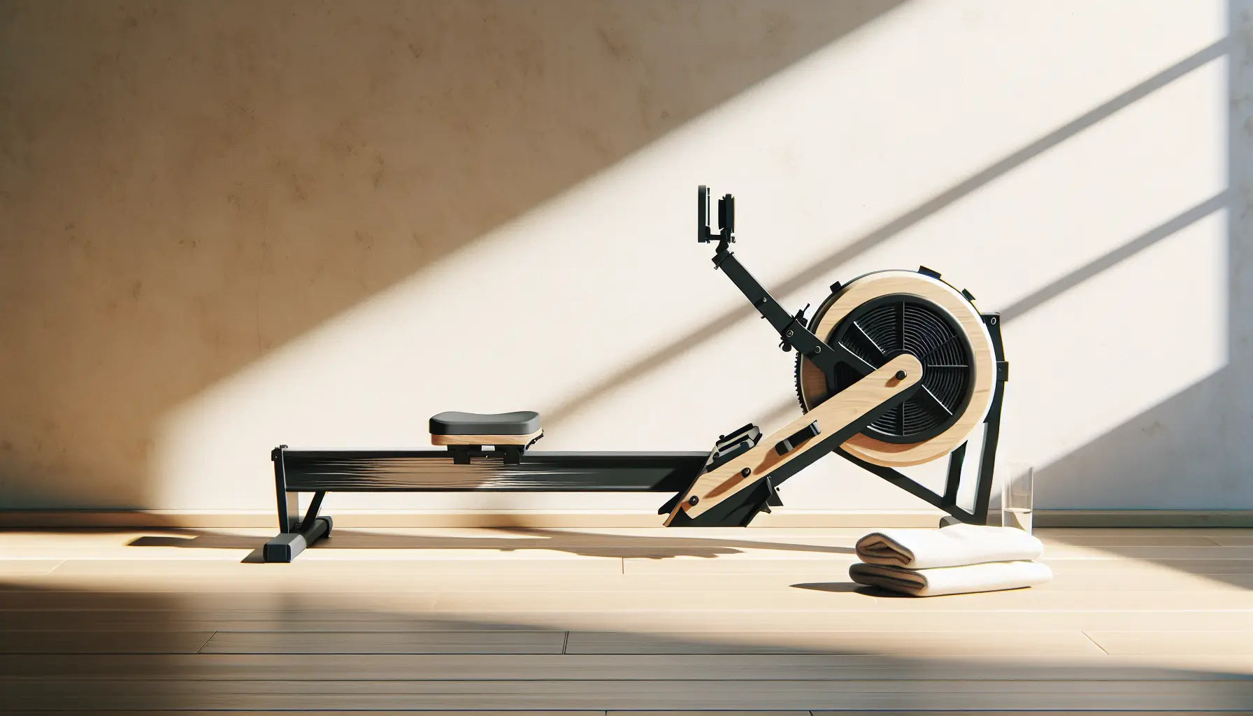 modernes rudergeraet in hell eingerichteter heimtrainerumgebung mit ergonomischem design und natuerlicher beleuchtung