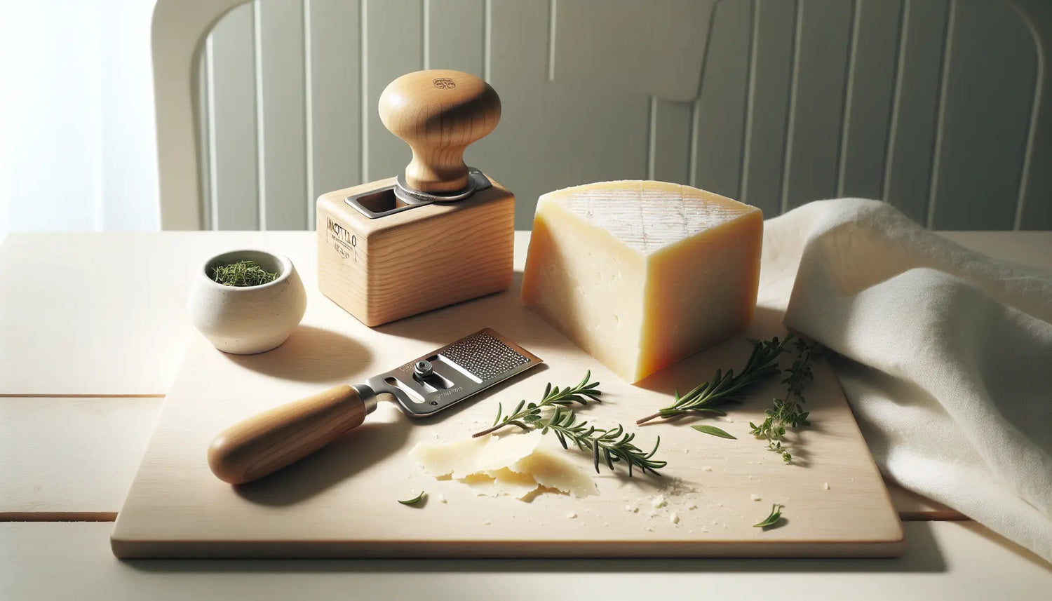Holzbrett mit Stück Montello Parmesan Käsehobel und frischen Kräutern auf hellem Hintergrund in Tageslicht