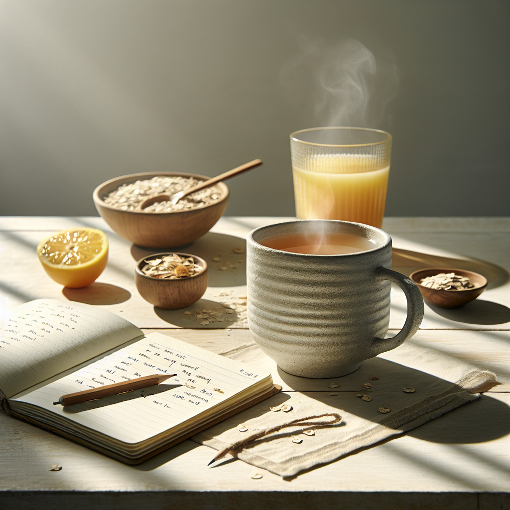 Heller Frühstückstisch mit Keramiktasse, offenem Notizbuch und Glas Orangensaft, helle Naturtöne, freundliche Morgenstimmung