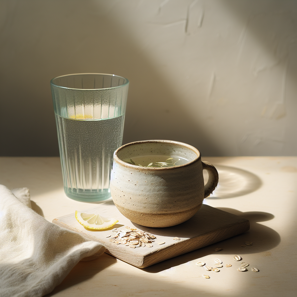 Keramiktasse mit Kräutertee auf hellem Birkenholz, umgeben von Zitronenzesten und Haferflocken, vor hellem ausgestrahltem Hintergrund – atmosphärisches Bild zum Thema Leberentgiftung.