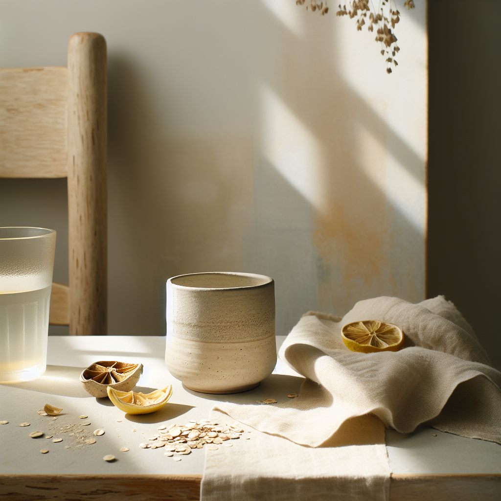 Keramiktasse mit Kräutertee auf hellem Holztisch, umgeben von Zitronenzesten und Haferflocken in ruhiger, sonniger Morgenstimmung