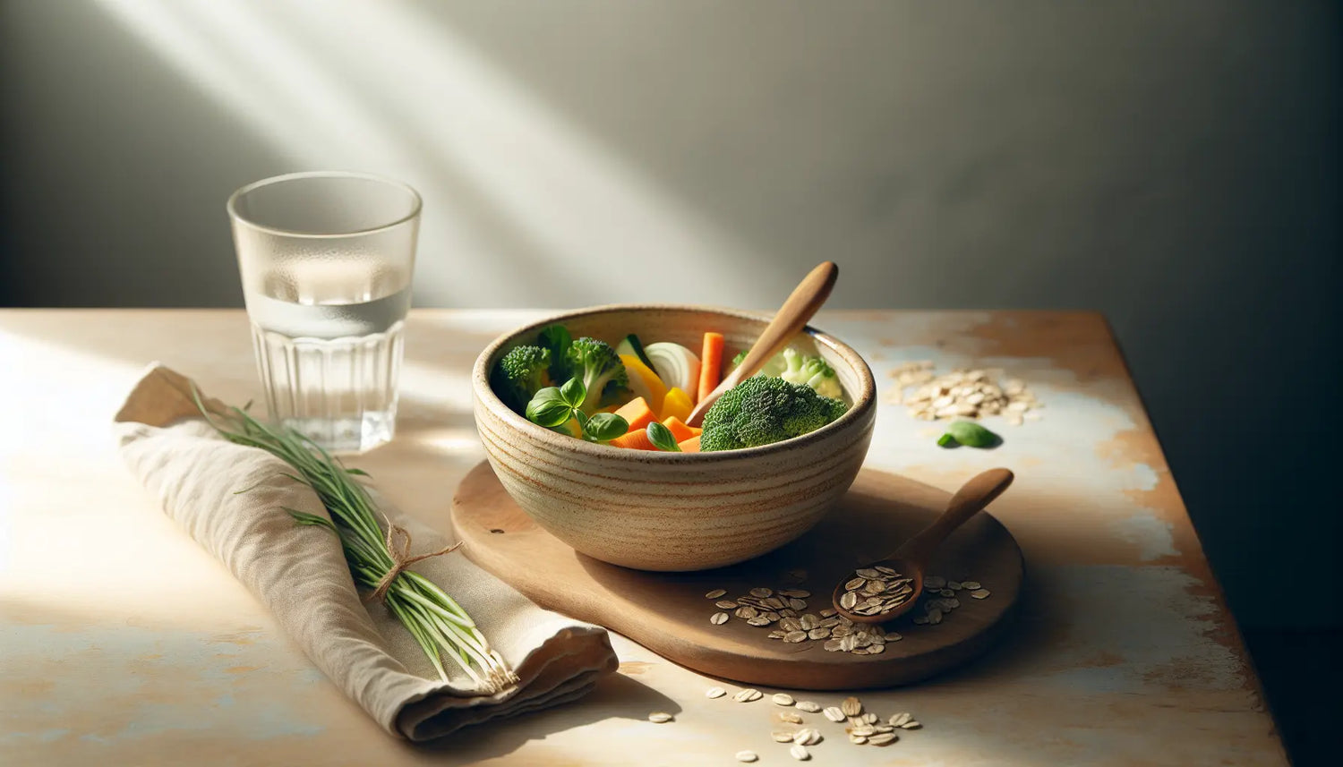 schale mit frischem gemuese kraeutern und glas wasser auf heller holzoberflaeche ruhige heilung der leber durch gesunde ernaehrung