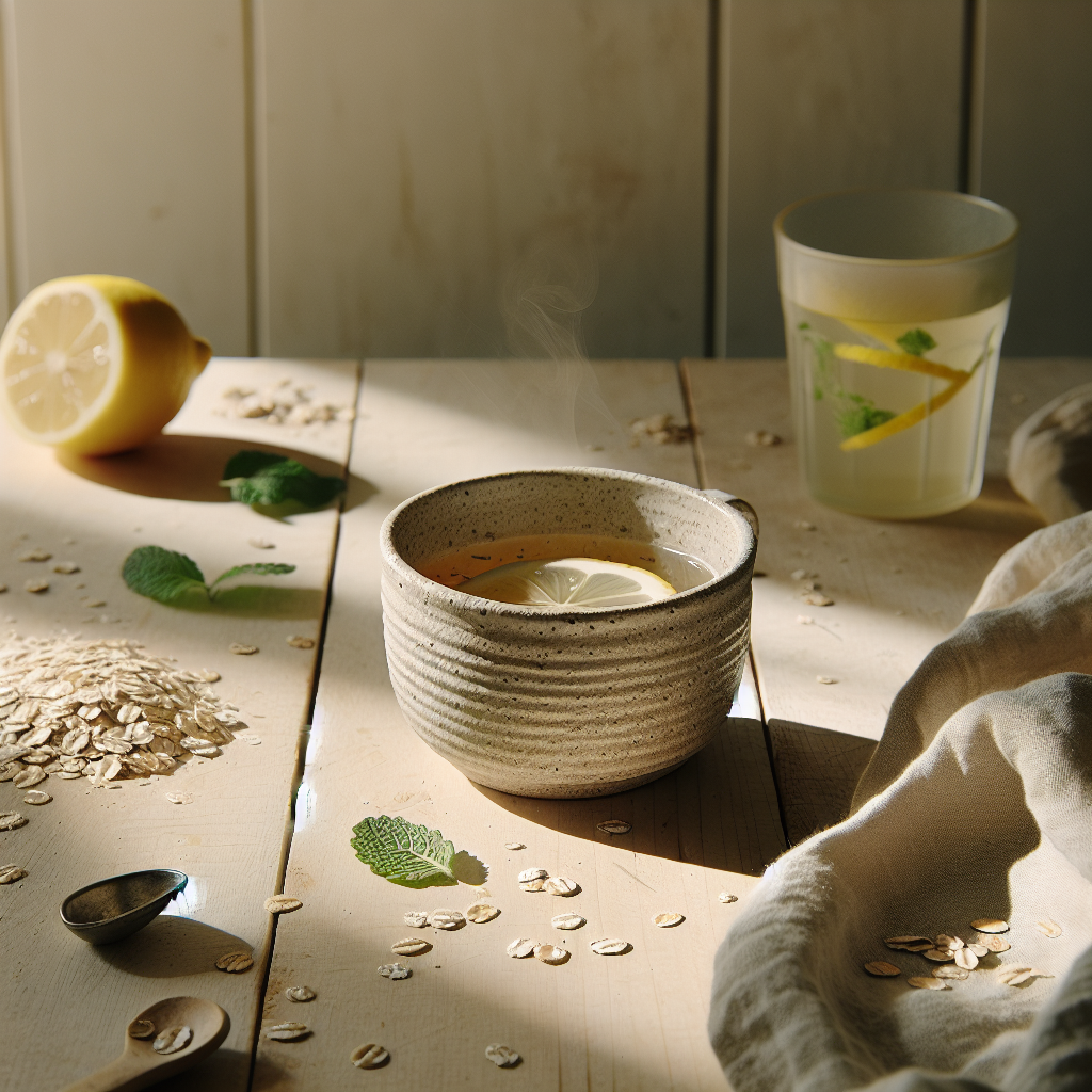 Rustikaler Frühstückstisch mit Steinzeugkeramiktasse gefüllt mit Kräutertee, Zitronenzesten und frischen Minzblättern, halbvolles Glas Zitronenwasser und zerknitterte Leinenserviette auf hellem Birkenholz unter hellem Morgenlicht.