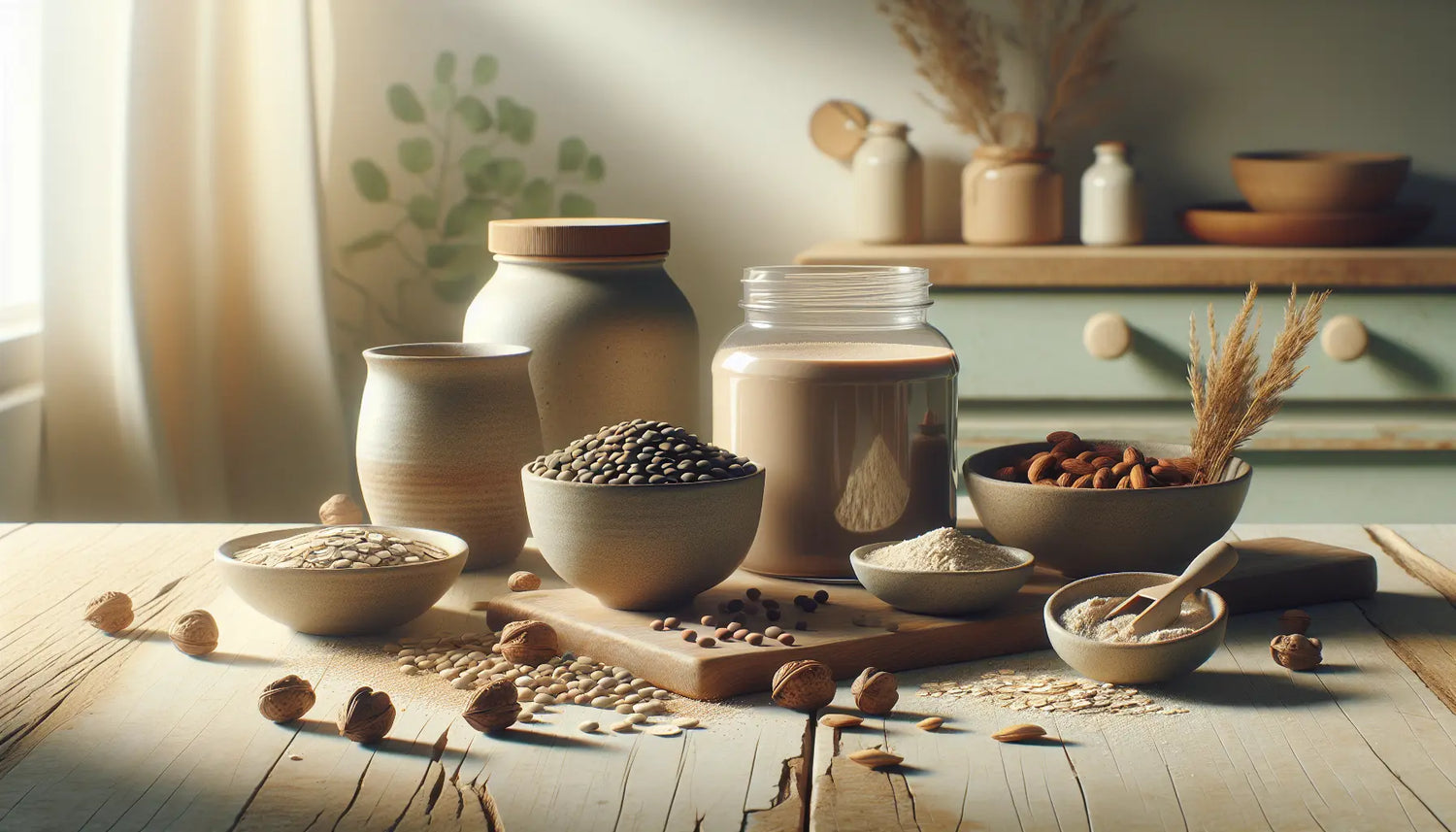 Kueche mit Linsen Nuesse veganem Proteinpulver auf rustikalem Holz helles Tageslicht pflanzliche Proteinquellen minimalistisch arrangiert