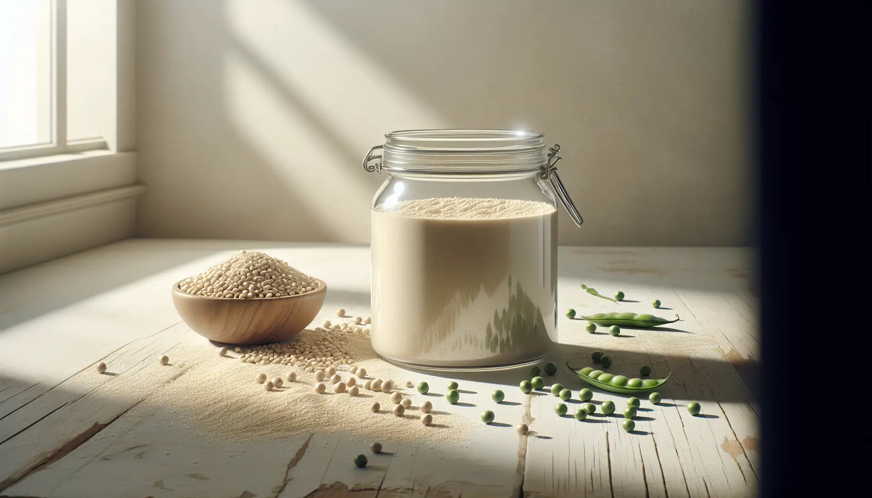 Offenes Glas mit pflanzlichem Proteinpulver und verstreuten Erbsen Reis und Hanfsamen auf hellem Holztisch mit natürlicher Lichtstimmung