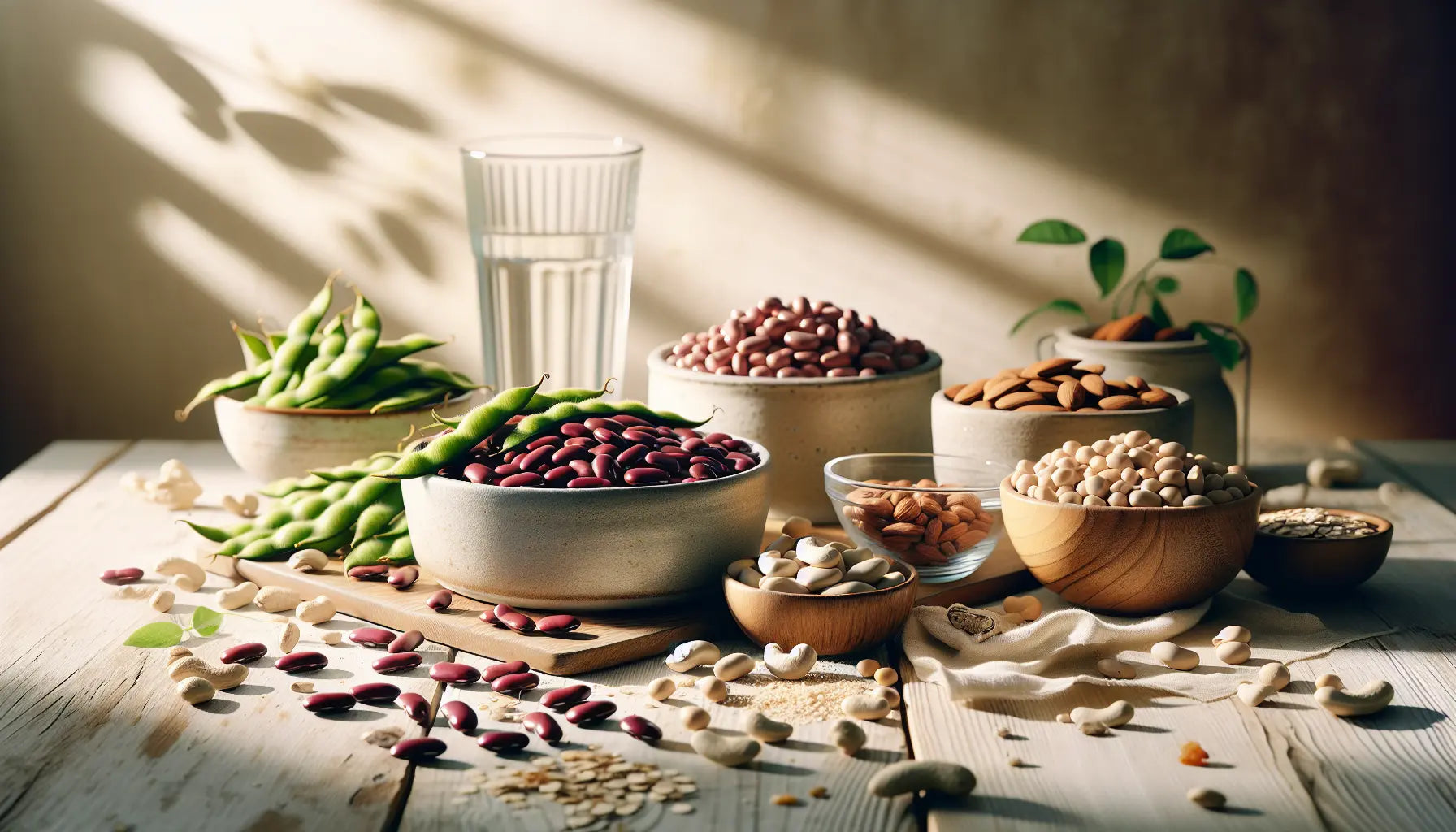 collage mit hülsenfrüchten sojabohnen und nüssen auf heller holzoberfläche proteinquellen für vegetarier