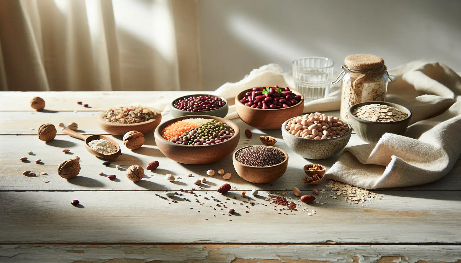 pflanzliche proteinquellen linsen quinoa bohnen nuesse auf hellem holztisch mit keramikschale glas wasser und leinentuch in sonniger helligkeit