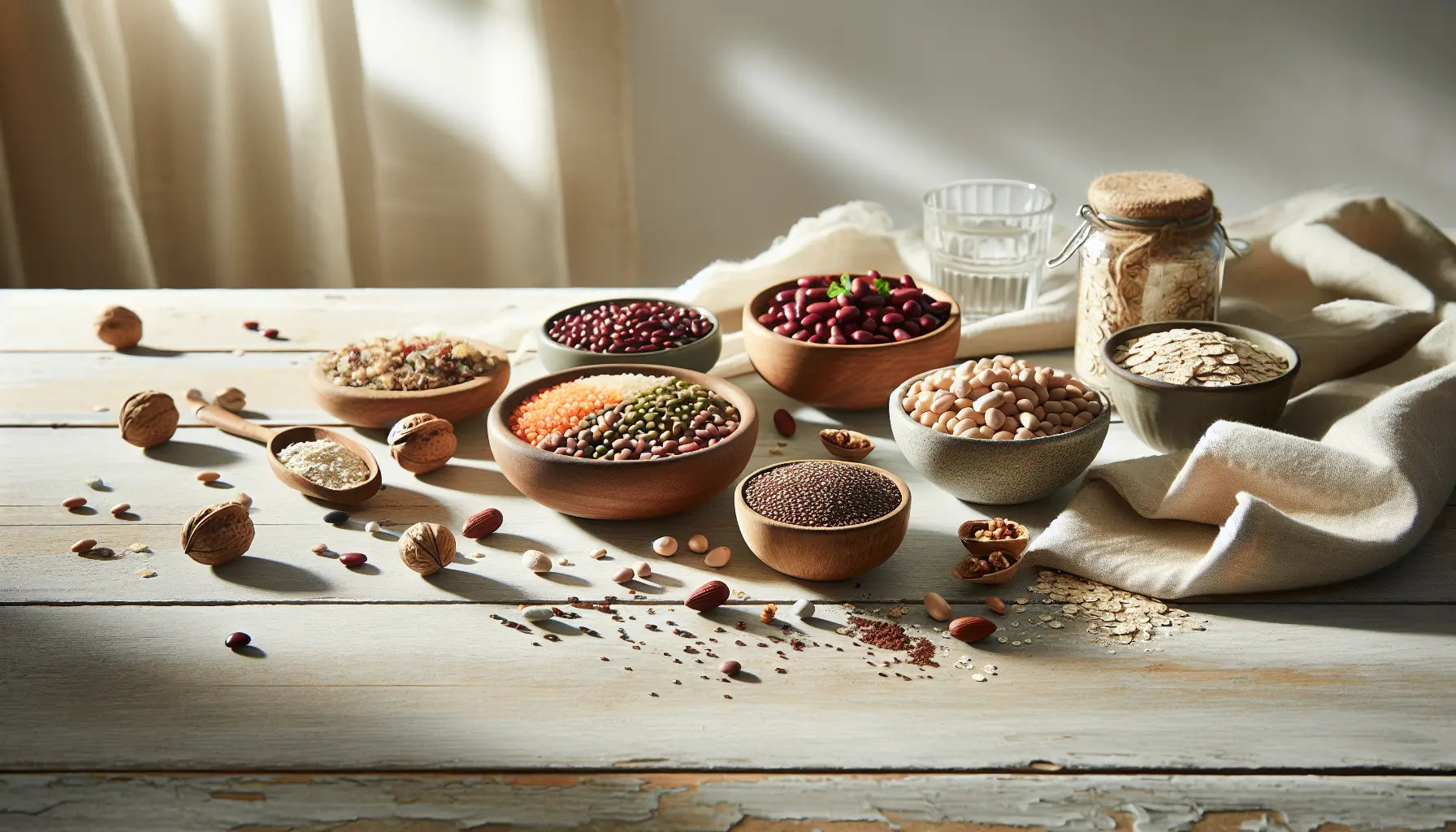 pflanzliche proteinquellen linsen quinoa bohnen nuesse auf hellem holztisch mit keramikschale glas wasser und leinentuch in sonniger helligkeit