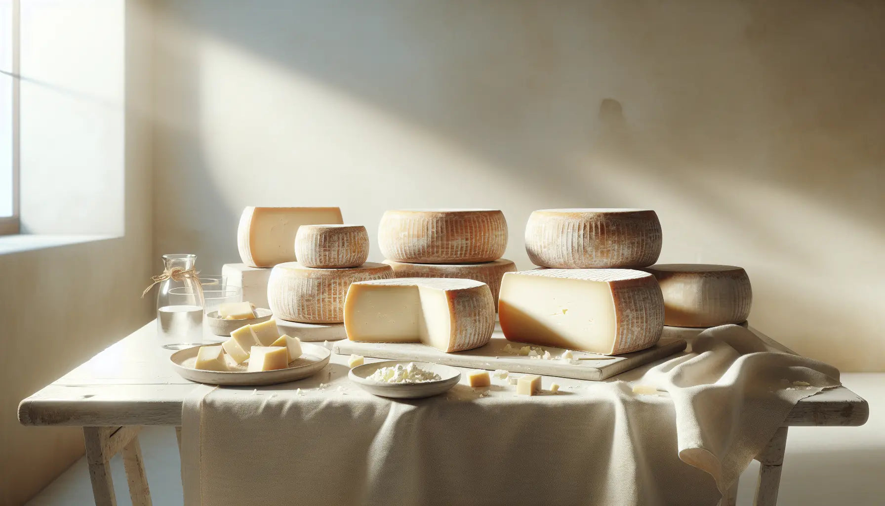 reifen grana padano laibe in traditioneller kaeserei auf hellem holztisch mit sonnigem hintergrund und minimalistischem hellem interieur