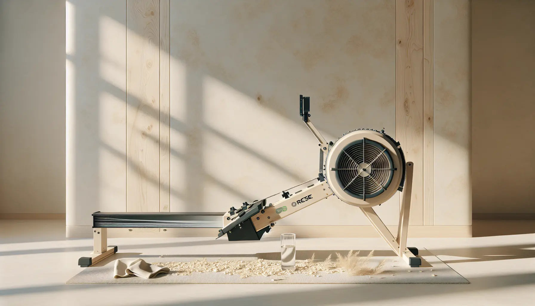 Rudergeraet im hellen Fitnessraum mit Holz und Naturstein suedliche Lichtstimmung ohne personen leichte Gebrauchsspuren umgeben von ruhigen Details