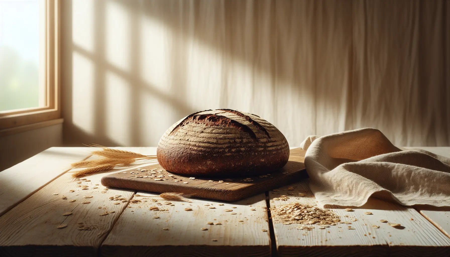 rustikales deutsches pumpernickel brot auf hellem holztisch mit leinenserviette und haferflocken in ruhiger hellen szene ohne menschen