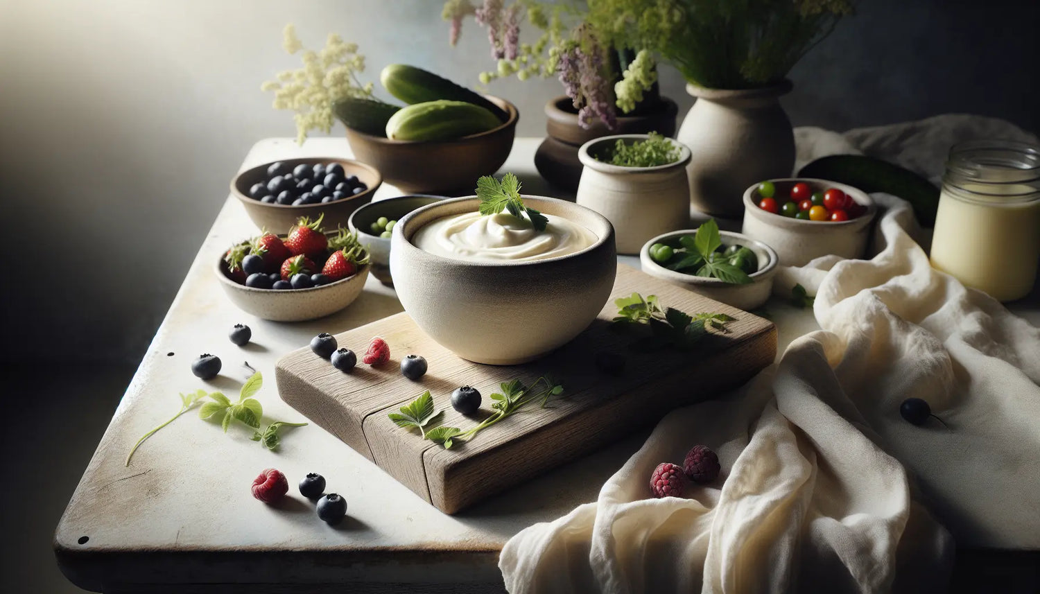 kuchentisch mit schale sojquark umgeben von kraeutertopfen bunten beeren und frischem gemuese freundliche tageslichtszene