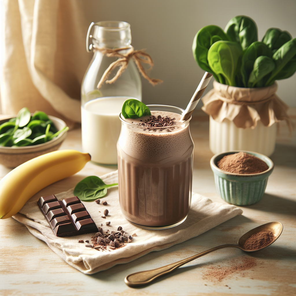 Veganer Schoko-Proteinshake auf einem Holztisch, umgeben von Kakaonibs, Spinat, halbierter Banane und einem Mandelmilchglas, Sonnenlicht von links