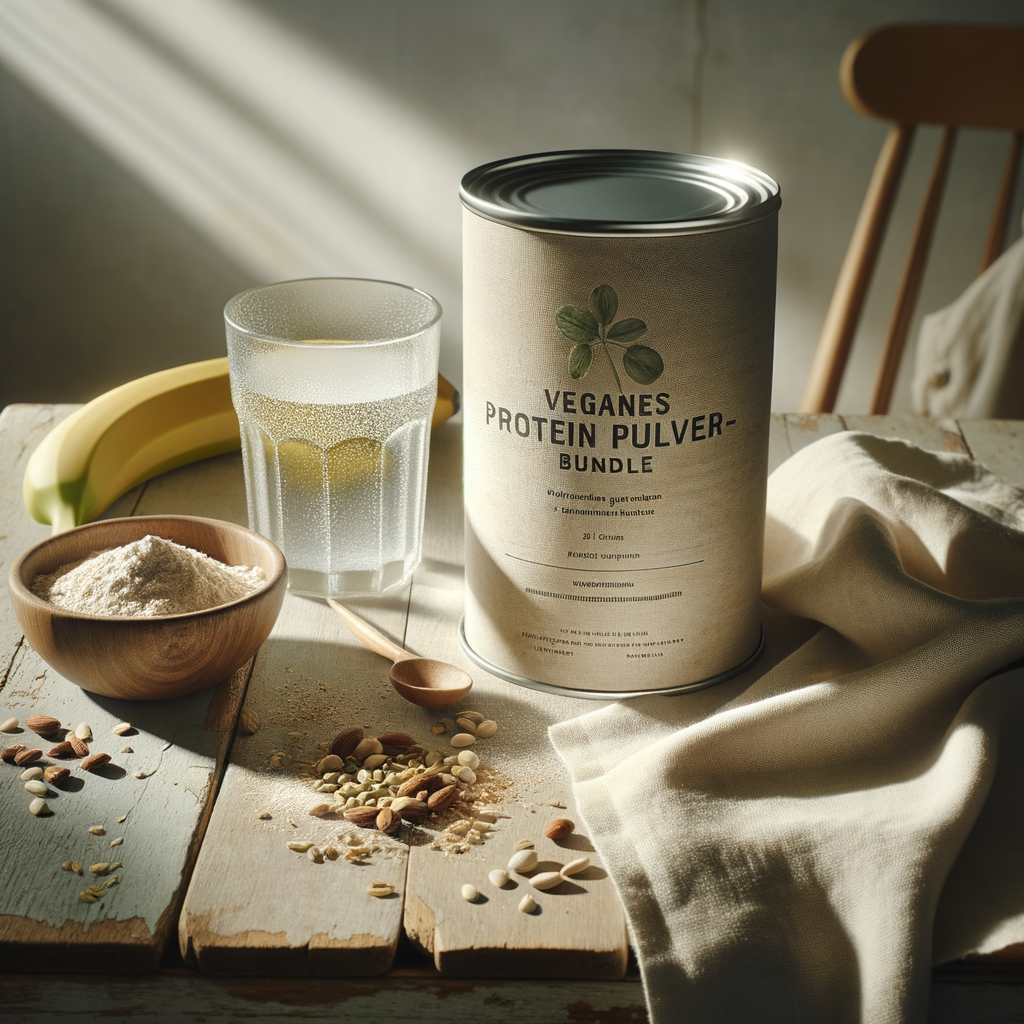 Veganes Proteinpulver von Vegardians in einem modernen, gesunden Kontext auf einem rustikalen Holztisch, umgeben von Nüssen, Samen und einer halbvollen Wasserglas im natürlichen Morgenlicht.