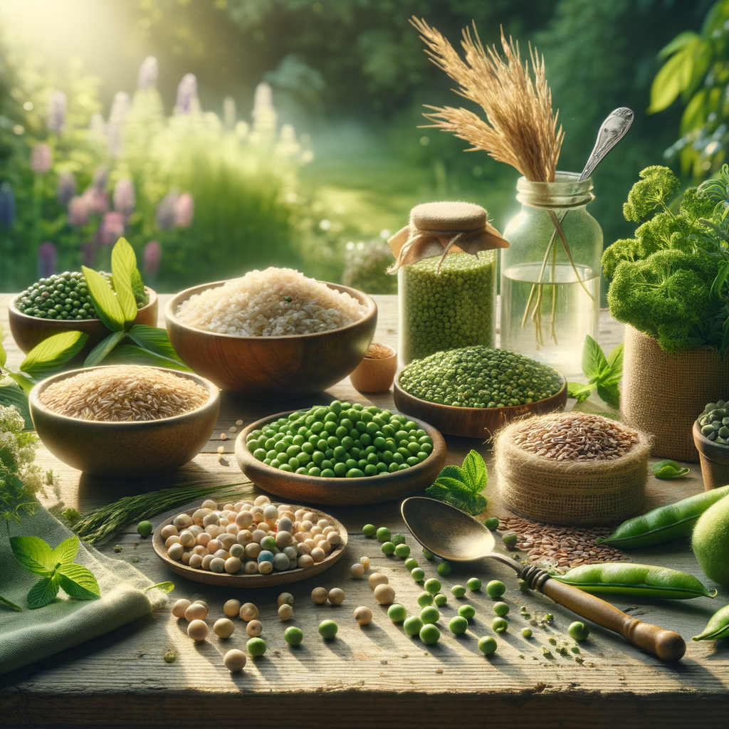 Verschiedene pflanzliche Proteinquellen wie Erbsen, Reis und Hanf in einem üppigen Garten, symbolisierend natürliche Gesundheit und Vitalität.