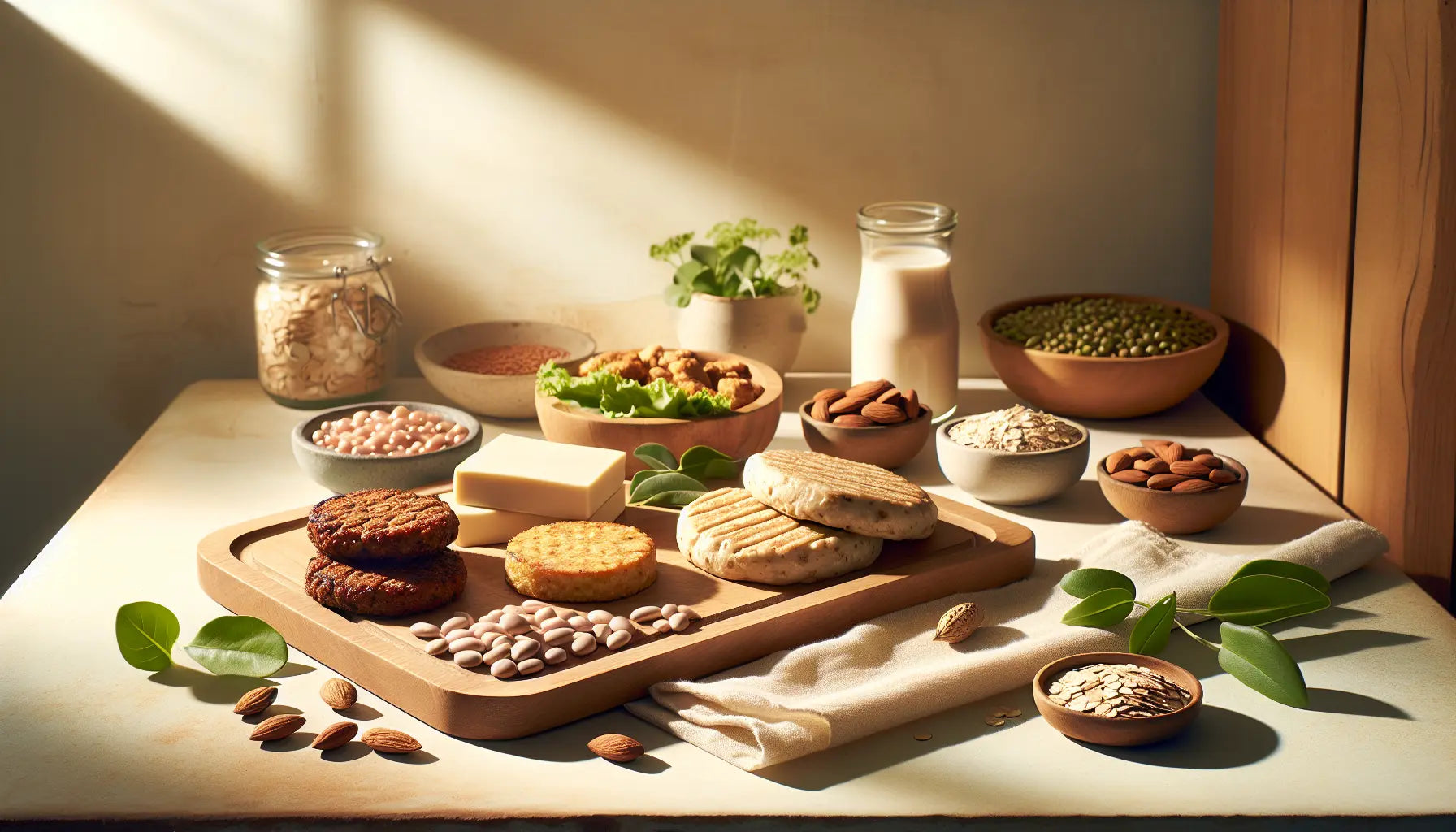 Vegane fleischprodukte mit pflanzlichen zutaten auf holzbrett in heller natuerlicher kuche arrangement naturtoene