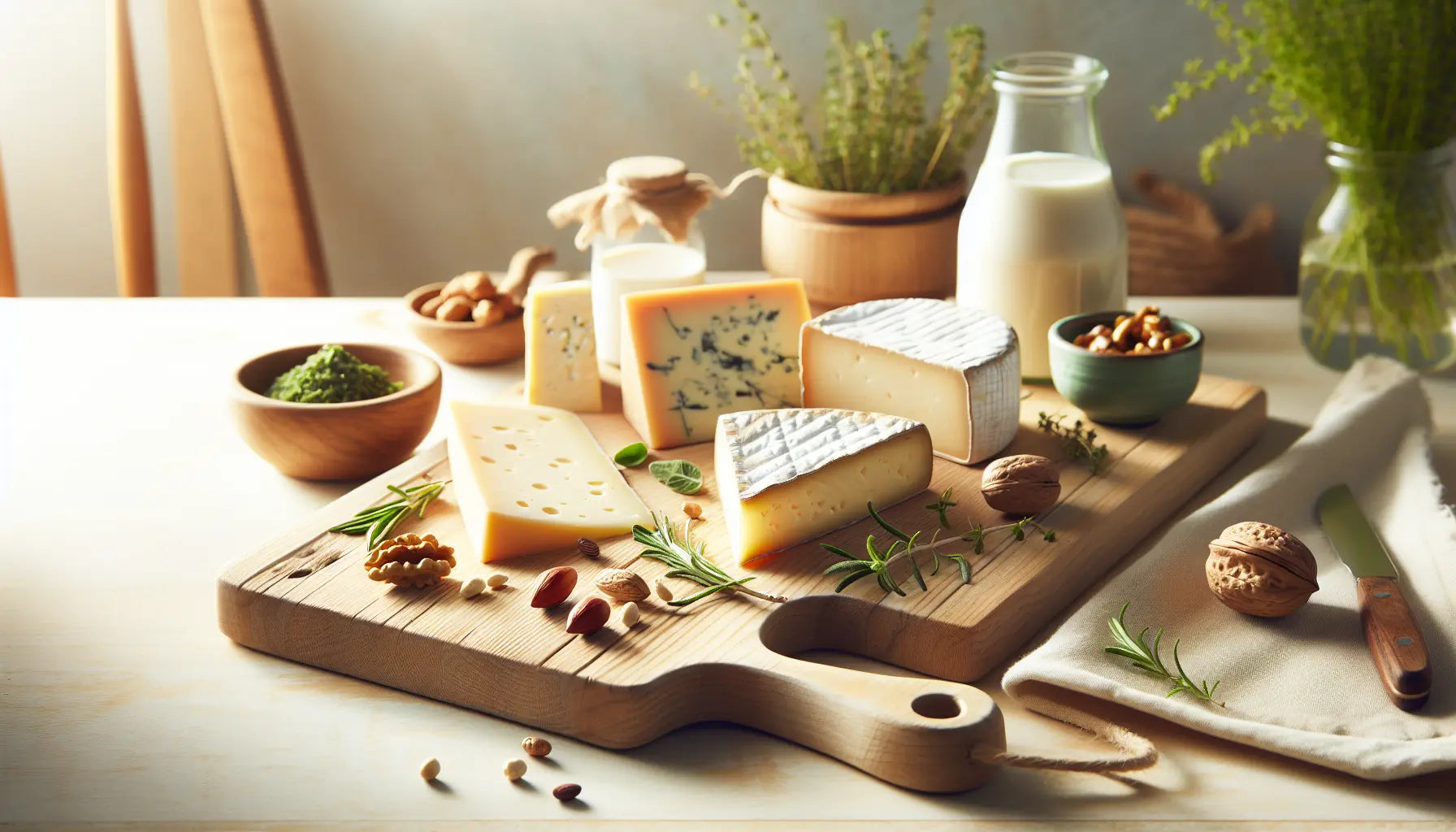 vegane kaesealternativen auf rustikalem holzbrett umgeben von frischen kraeutern und nuessen in heller natuerlicher lichtstimmung