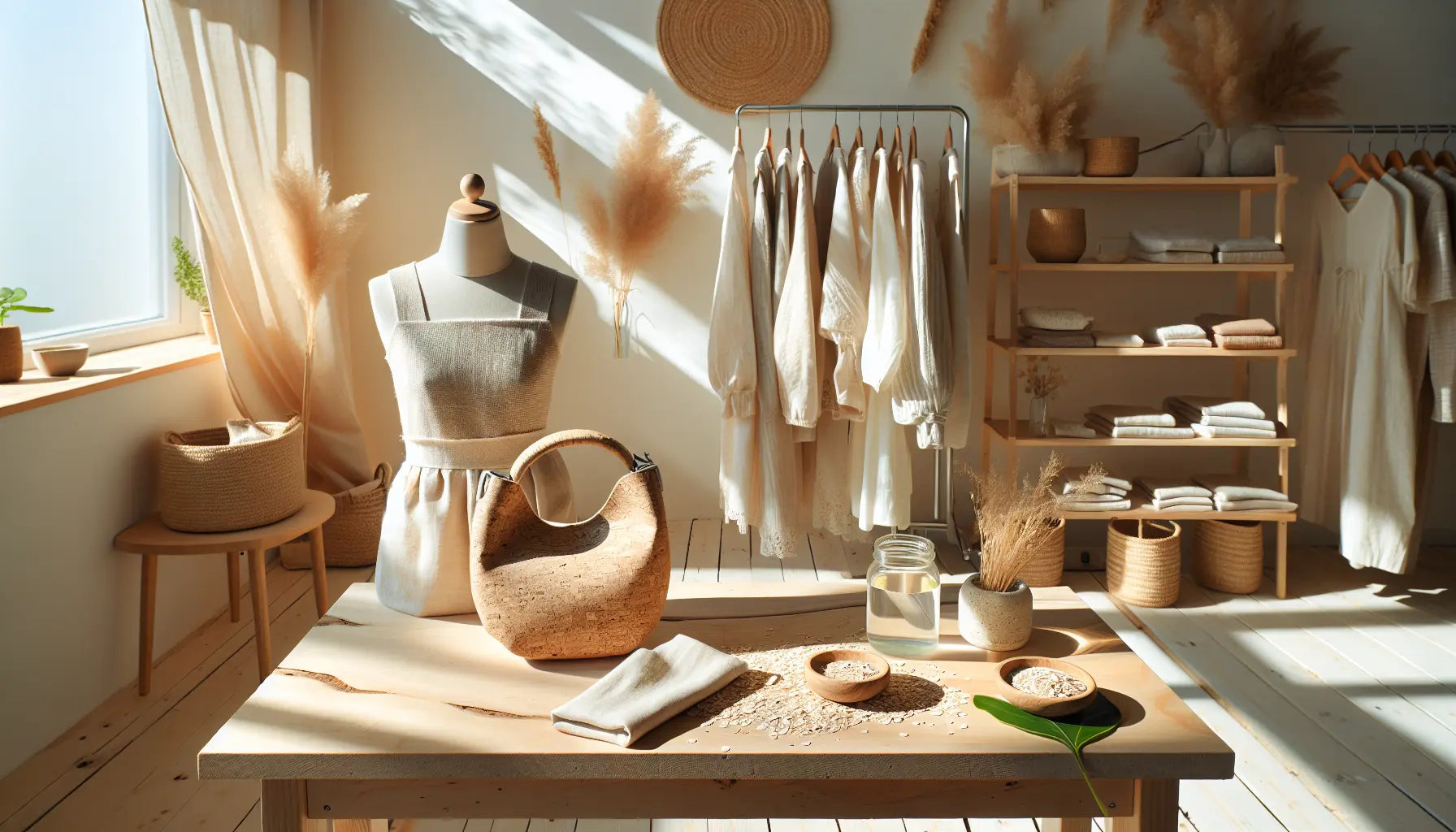 vegane modekollektion aus pflanzlichen materialien leinen baumwolle kork in modernem laden helles holzlicht