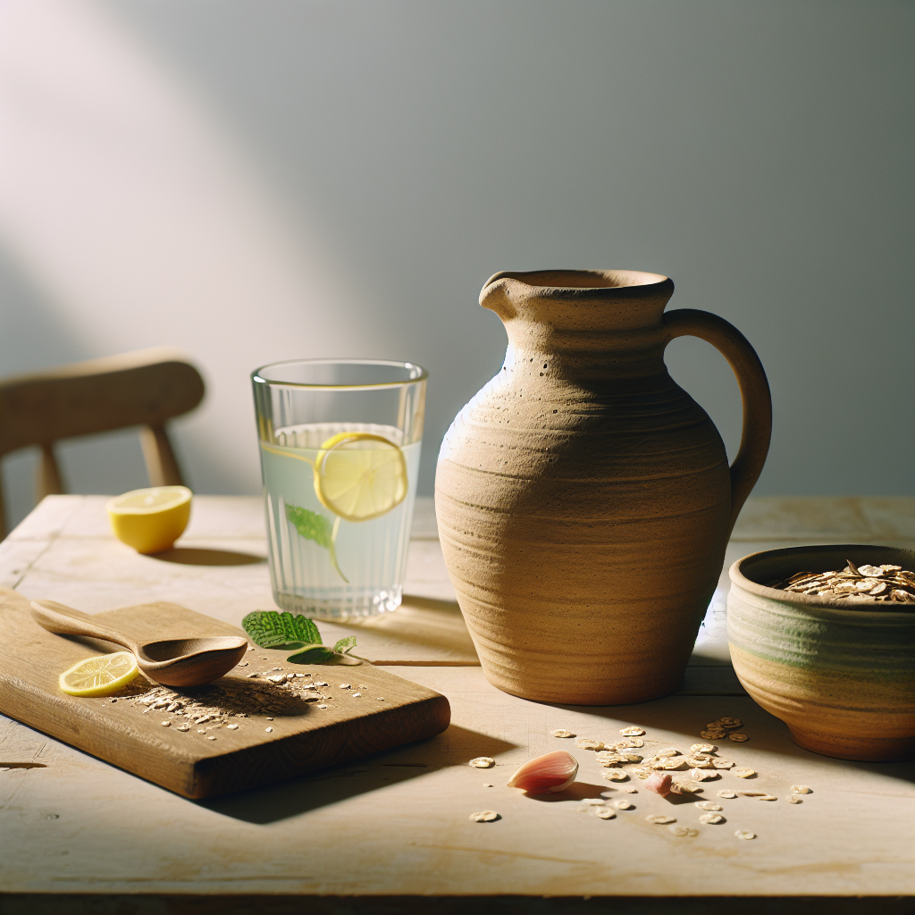 Heller rustikaler Holztisch mit handgemachtem Tonkrug, offener Schale mit Haferflocken und Proteinpulver, Zitronen-Ingwer-Wasser und natürlichen Zutaten als vegane Muskelaufbau-Ernährung am Morgen.