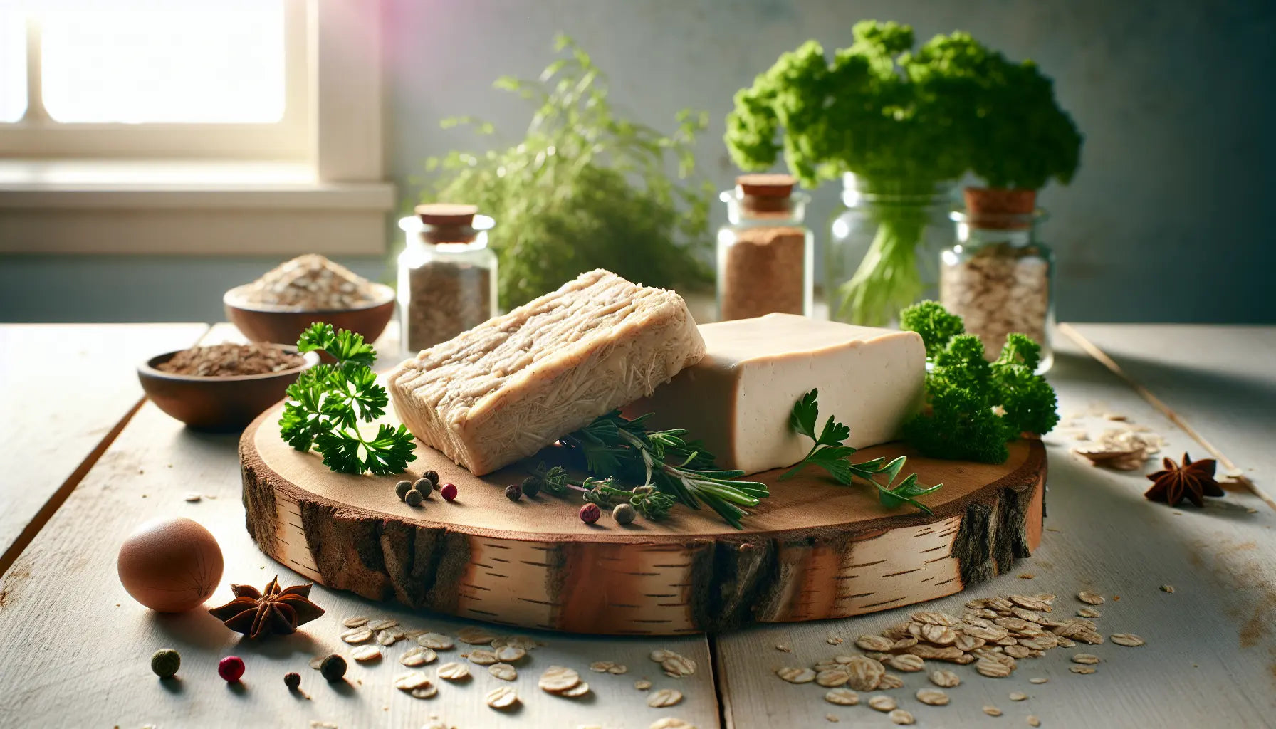 vegane proteinquellen seitan tofu frische kraeuter gewuerze auf hellem holztisch mit sonnigem hintergrund