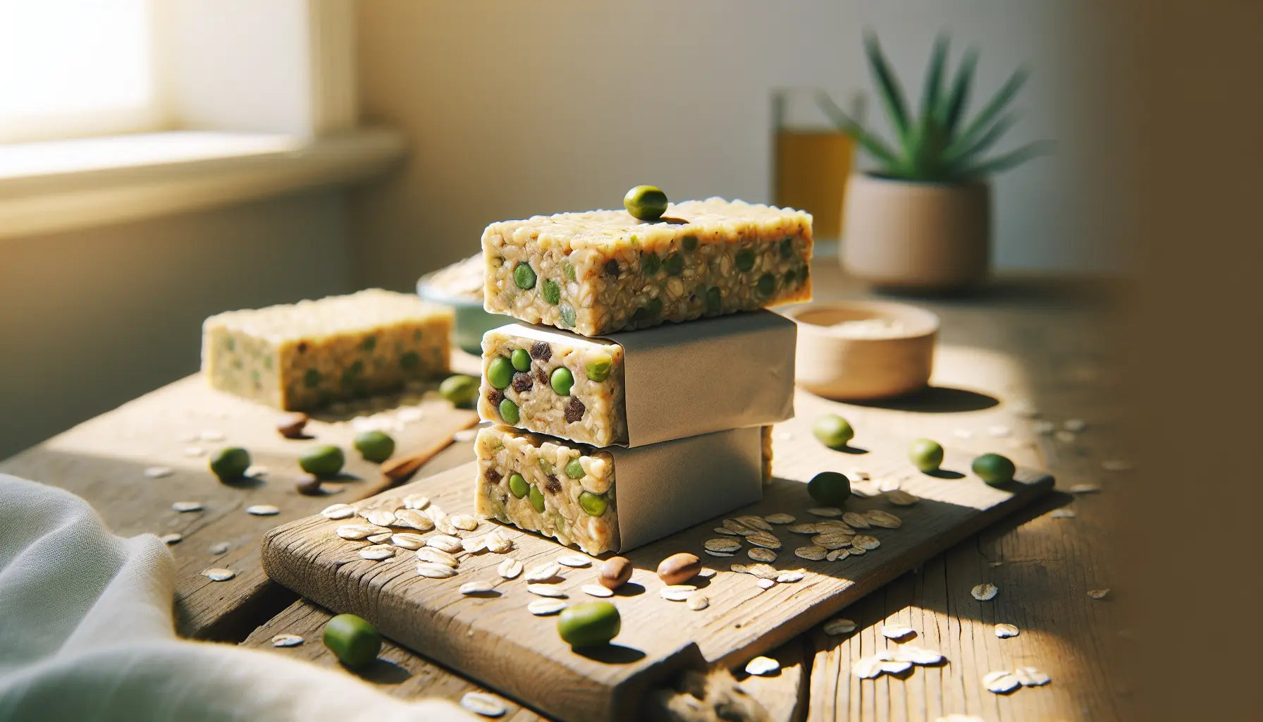 vegane proteinriegel aus erbsen reis hanf auf hellem holzbrett mit haferflocken pflanzenakzenten und glas wasser in ruhiger natuerlicher szene