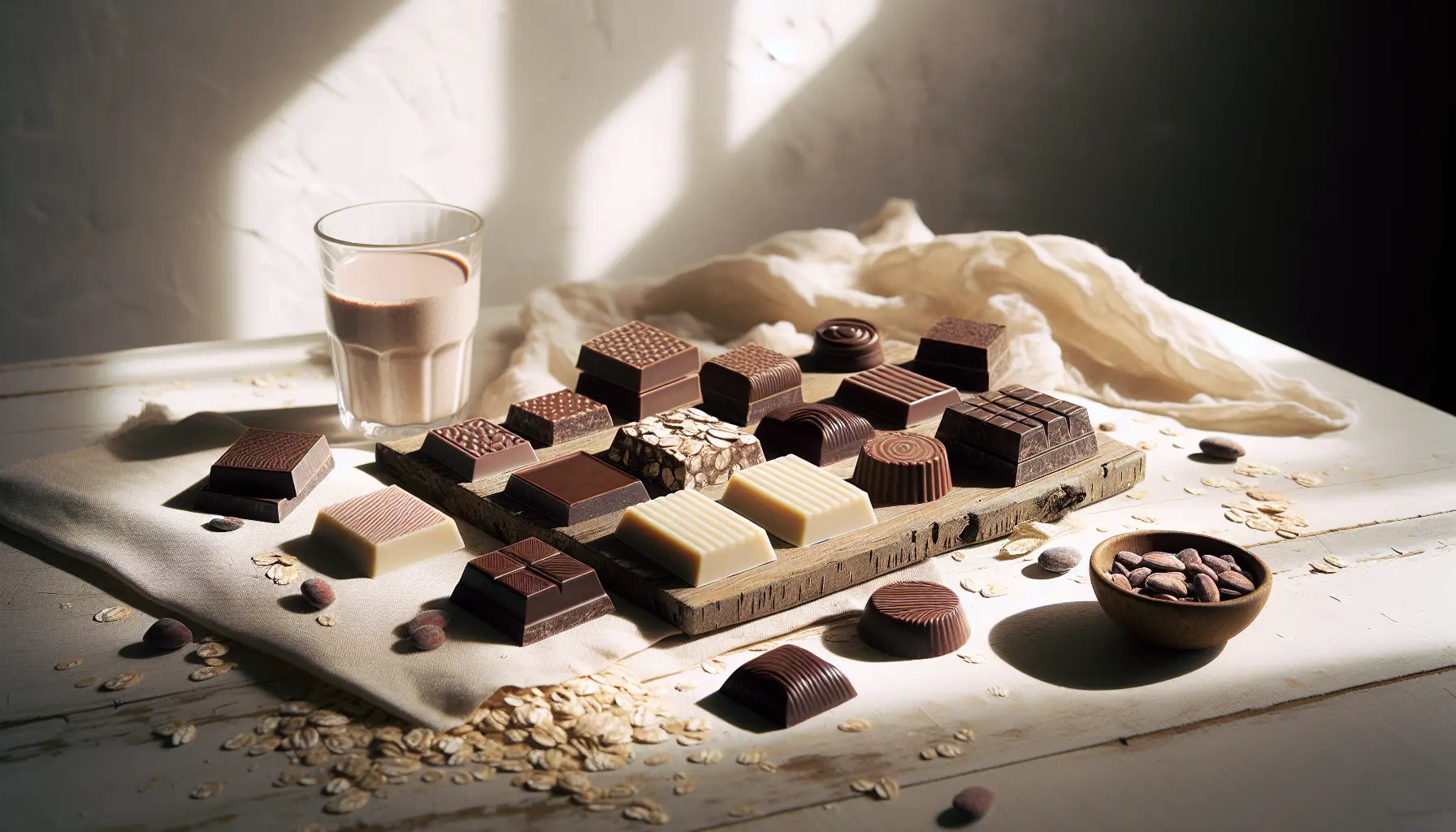vegane schokolade verschiedene schokoladensorten auf hellem holz mit kleinen haferflocken und glas wasser naturlich und ruhig