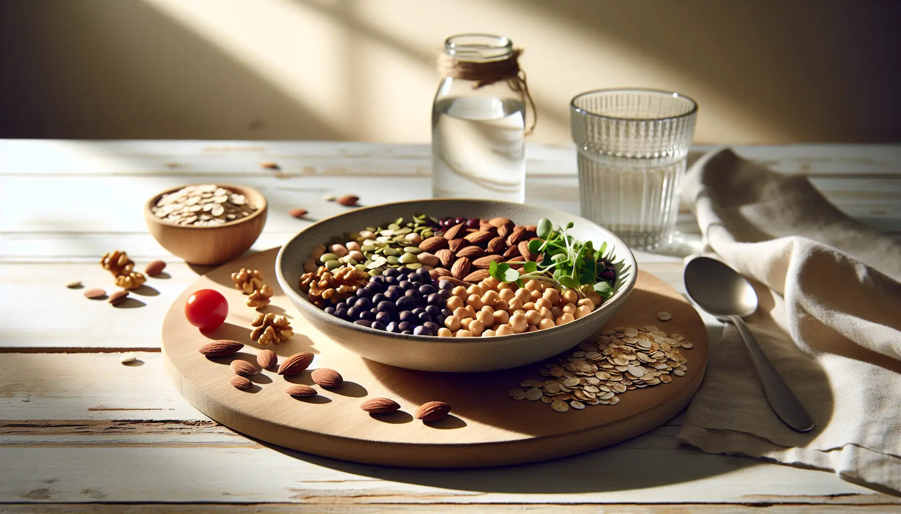vegane proteinreiche Mahlzeit mit hülsenfrüchten nüssen samen auf hellem holztisch mit morgendlichem licht sonnige atmosphäre