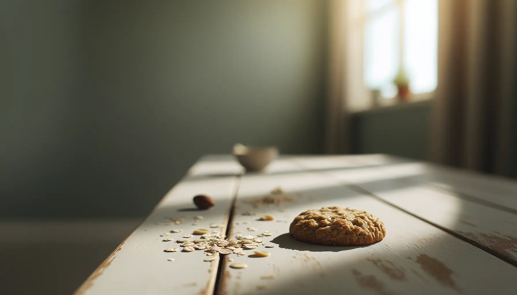 veganer keks auf hellem holztisch mit haferflocken nuessen und sanftem tageslicht im wohnambiente