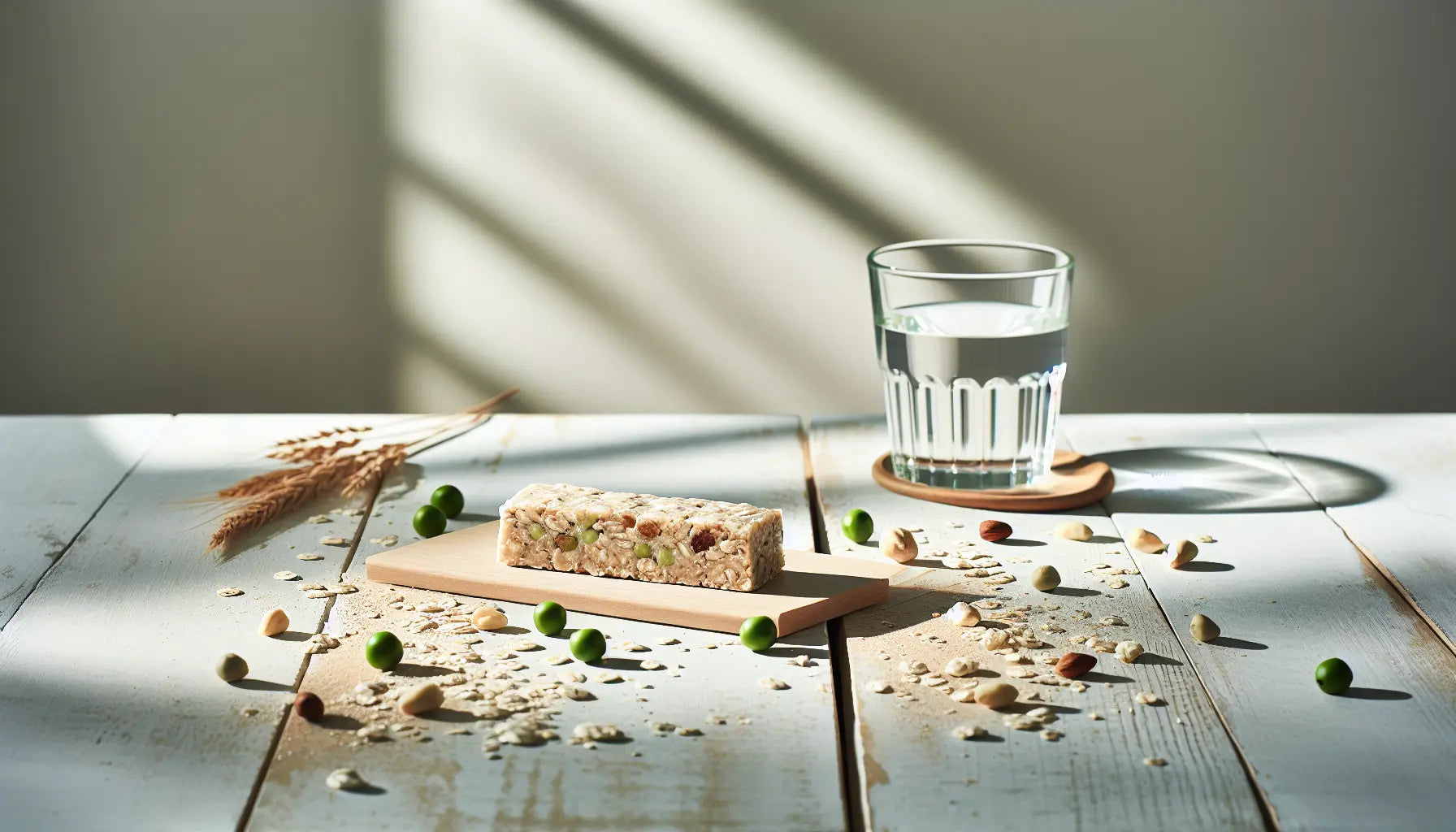 veganer proteinriegel auf hellem holztisch umgeben von erbsen reis hanfsamen und glas wasser natuerliche zutaten minimalistisch sonnig