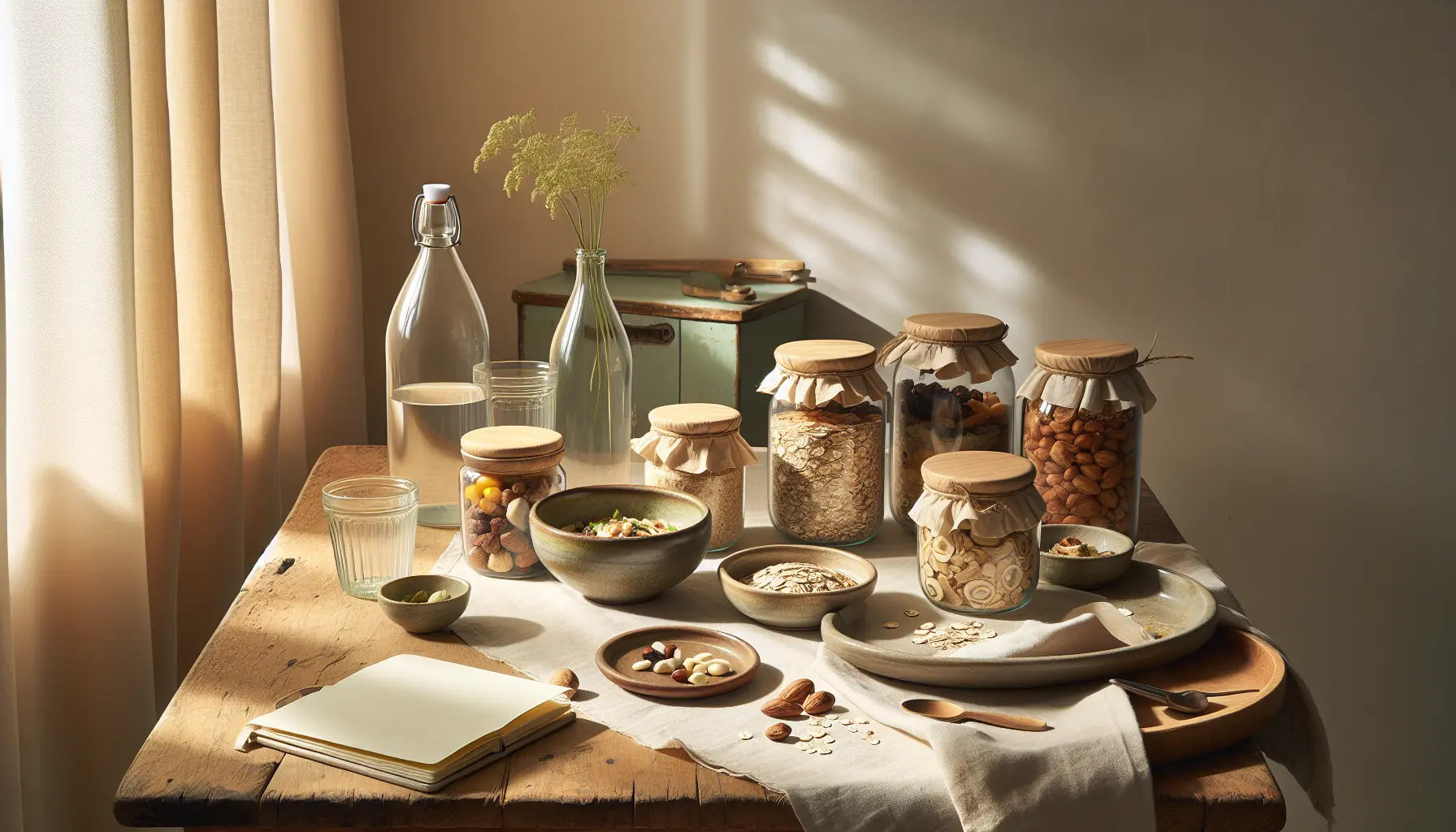 veganes frühstücks bundle aus glasbehältern mit haferflocken nüsse auf hell rustikalem holztisch mit stoffserviette und glasflasche im freundlichen interieur