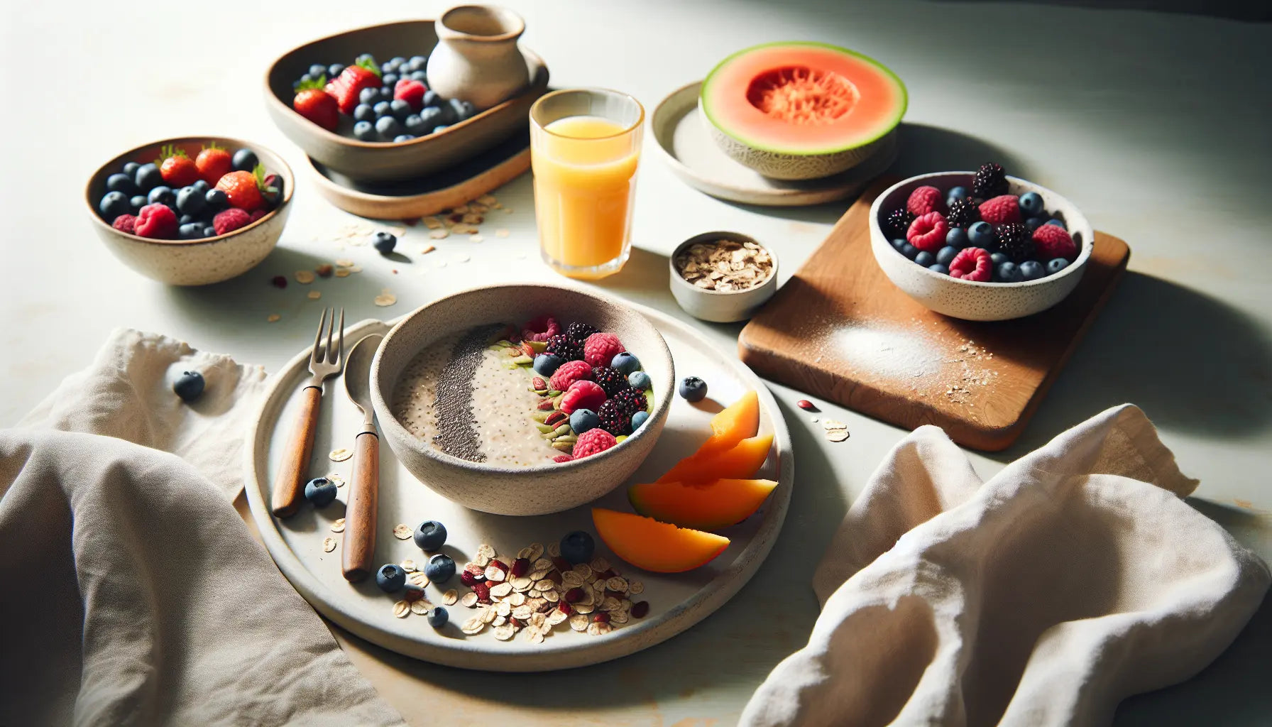 veganes buntes fruehstueck mit chia pudding ruehrtofu smoothie bowl und fruechteteller auf hellem holztisch