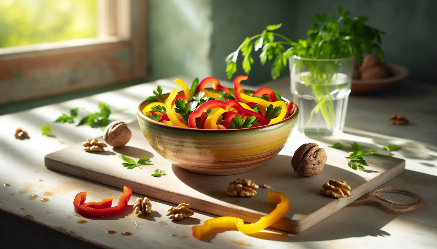 keramiktasse mit vegetarischem gericht paprika nuessen kraeuter auf hellem holztisch mit glas wasser im sonnigen ambiente