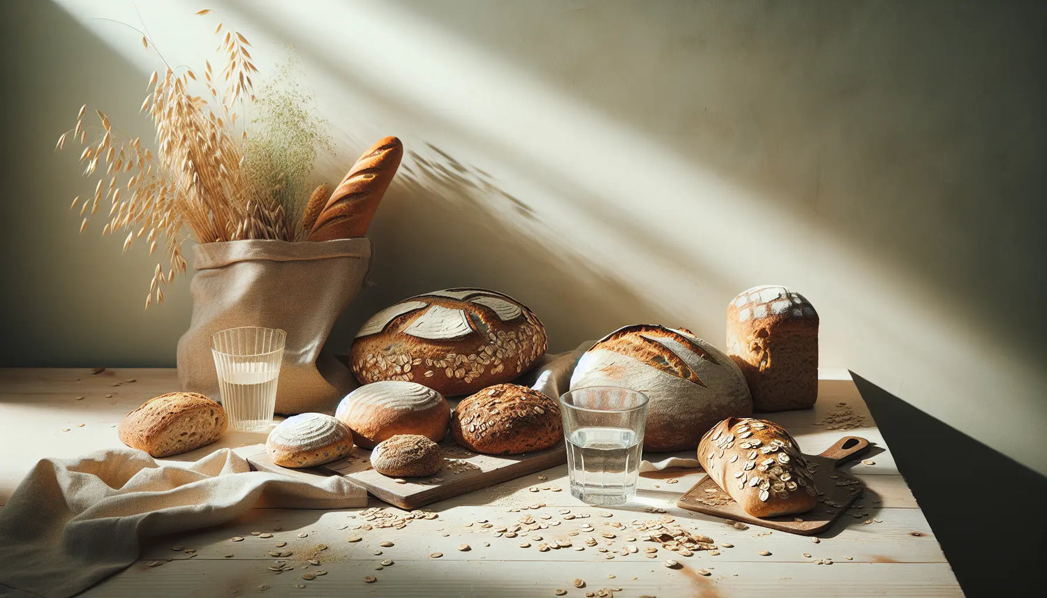 vielfaeltige handgemachte brotsorten auf hellem rustikalem holztisch mit gekeimtem vollkornbrot und haferflocken in heller ambiente