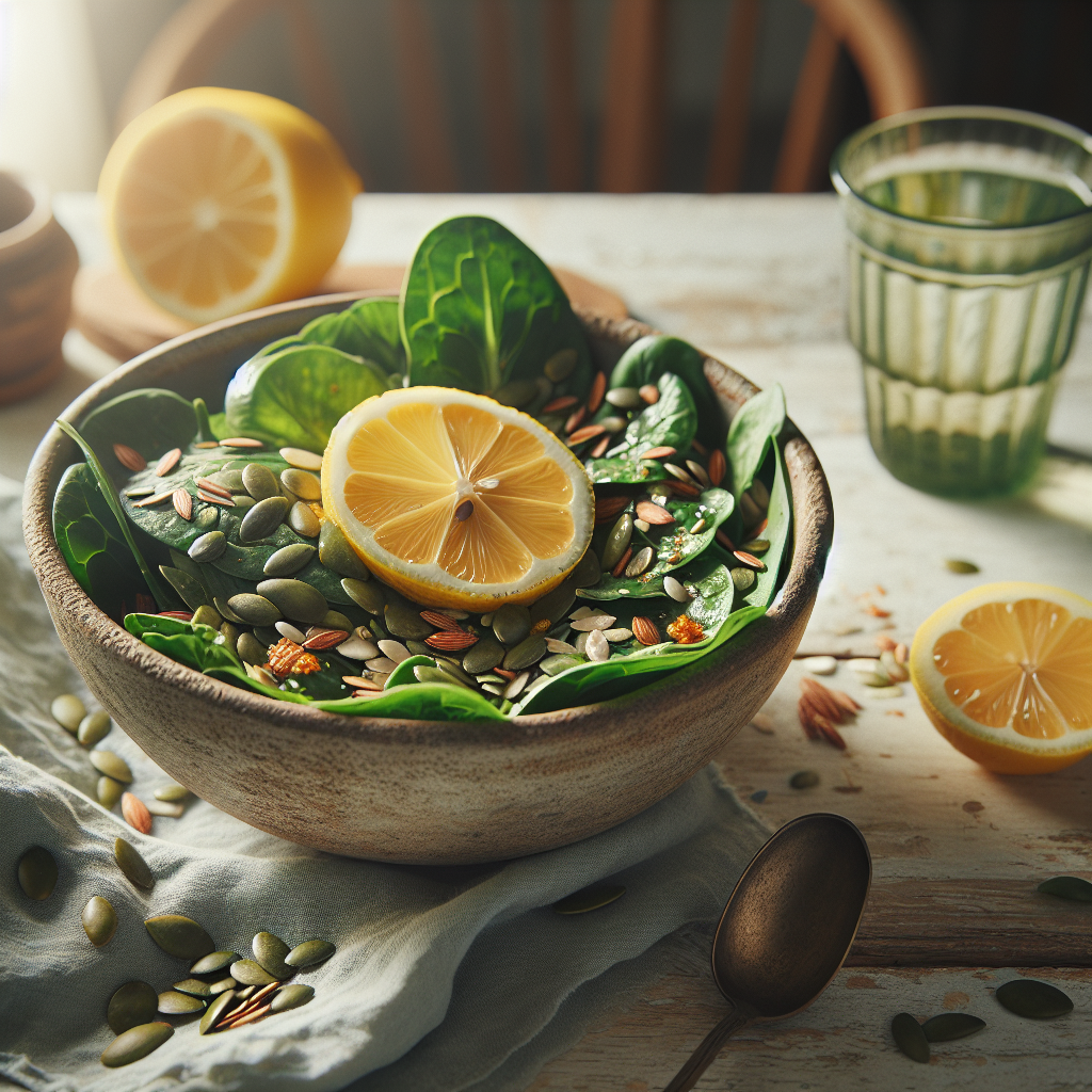 Ein pflanzlicher Salat mit Eisenquellen wie Kürbiskernen und Sesam, serviert mit Zitronenscheiben, auf einem hellen Holztisch, sonnig beleuchtet. Passend zu einem Blog über vegane Eisenquellen und Vitamin C.