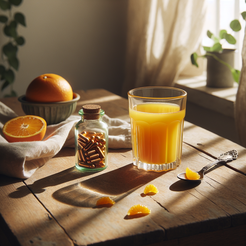 Hell erleuchteter Frühstückstisch mit Eisensupplementen und einem Glas frisch gepresstem Orangensaft in einer gemütlichen Küchenecke. Die Morgensonne beleuchtet die Szene und schafft eine einladende, energetische Atmosphäre.